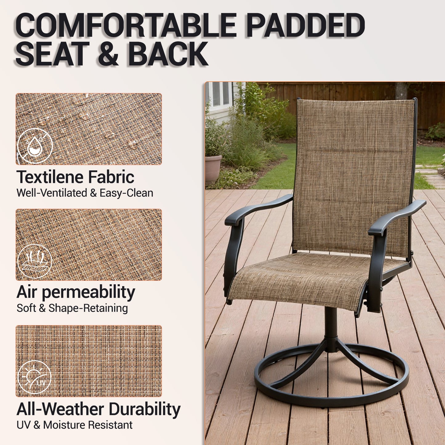 DELMANGO Patio Swivel Chairs Set of 4, Outdoor Dining Chairs High Back, All-Weather Textilene Swivel Rocker Chair for Lawn Porch Garden, Brown