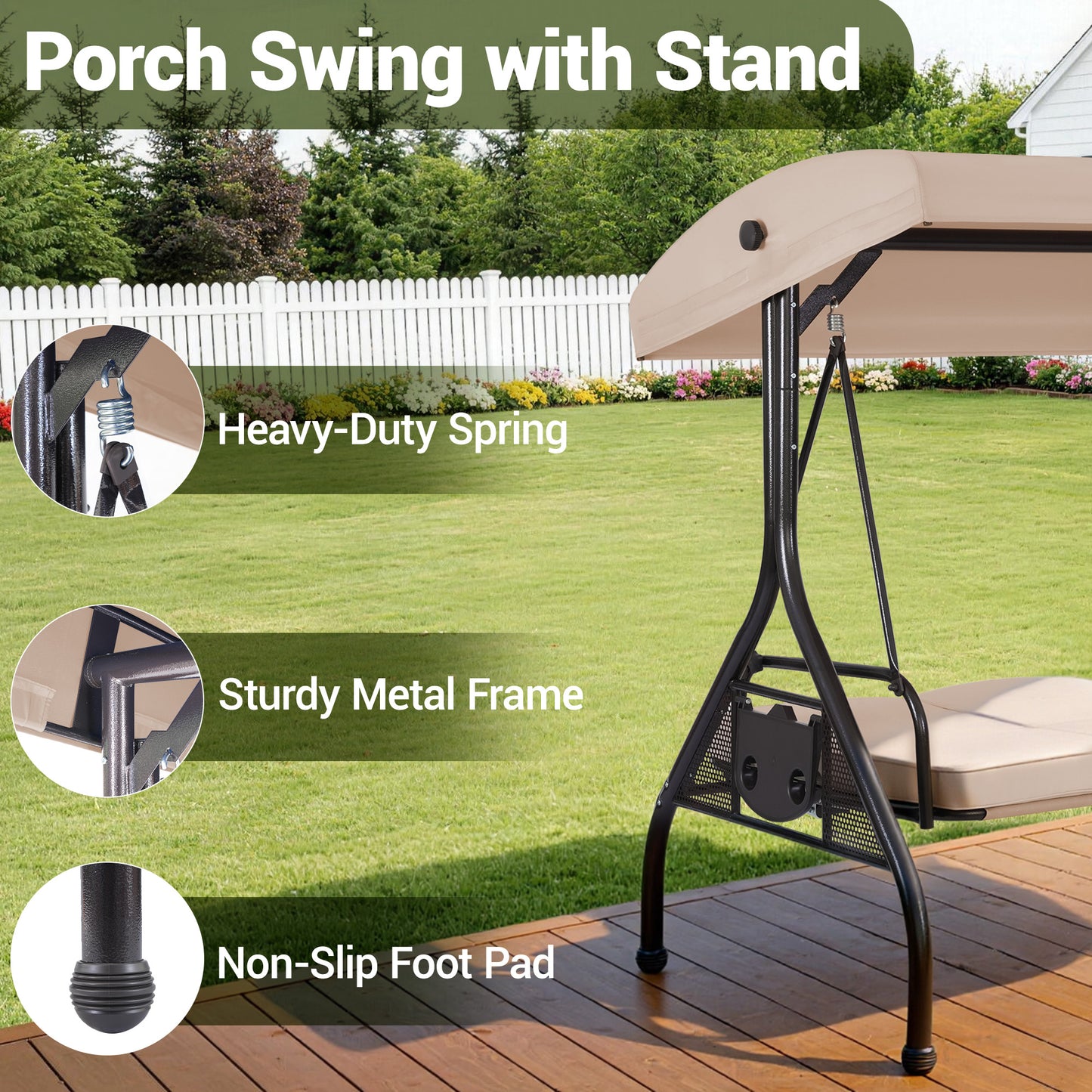 DELMANGO 3-Seat Outdoor Porch Swing with Adjustable Canopy, 2 in 1 Convertible Patio Swing Bed, Patio Glider Swing for Backyard, Beige