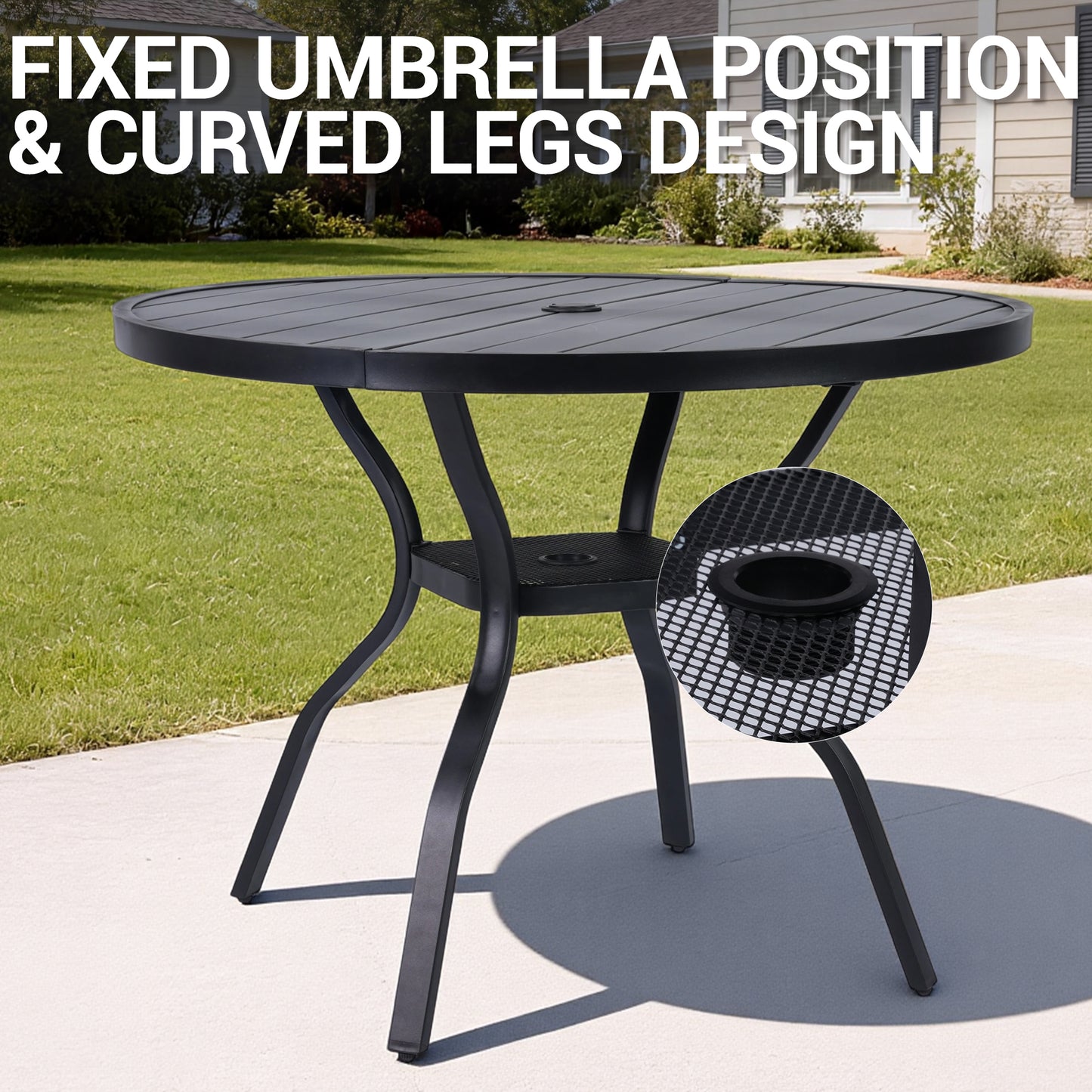 DELMANGO 41" Outdoor Dining Table for 4, Metal Round Patio Dining Table with Adjustable Umbrella Hole for Garden, Backyard and Porch, Black