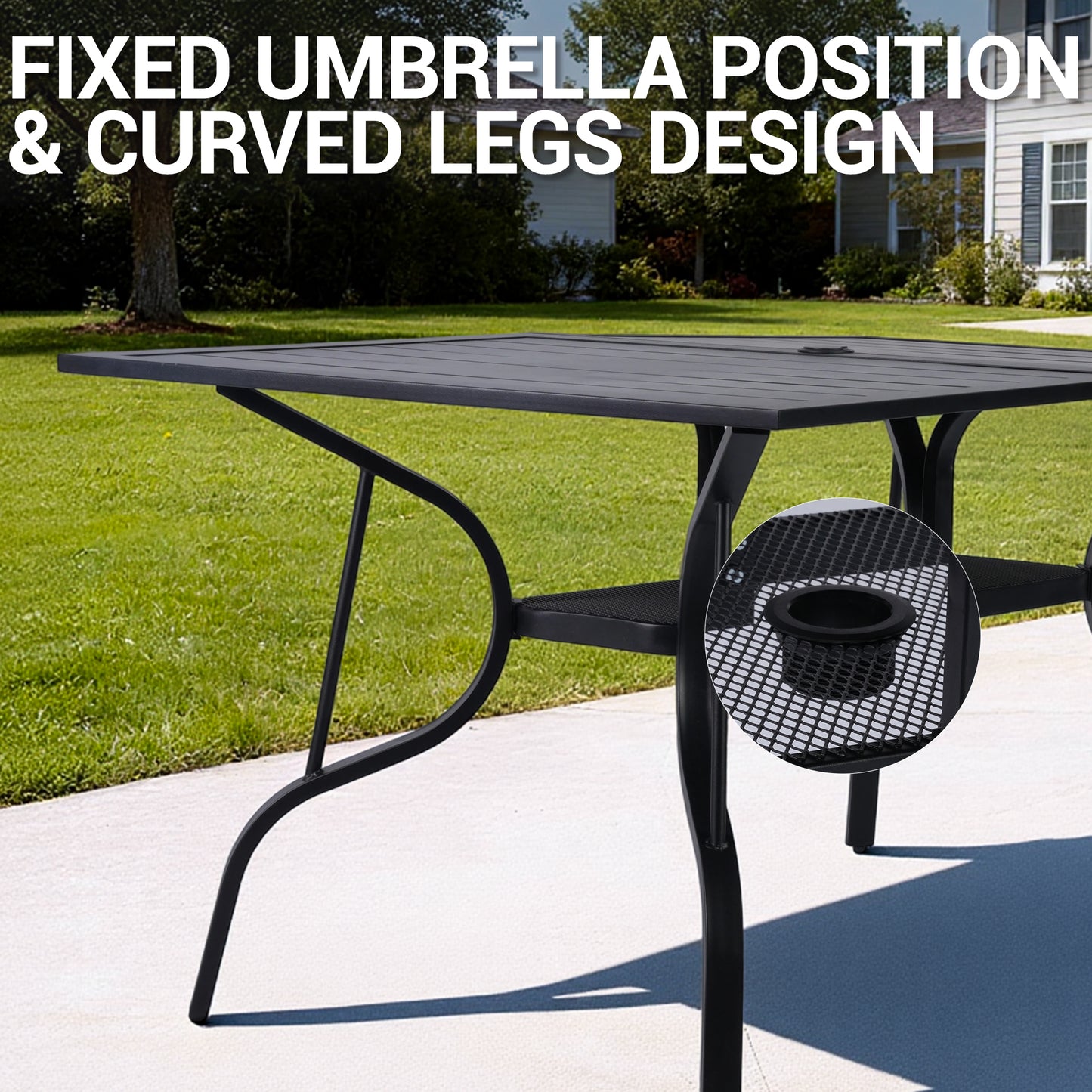 DELMANGO 63"x38" Outdoor Dining Table for 6, Metal Rectangle Patio Dining Table with Adjustable Umbrella Hole for Garden, Backyard and Porch, Black