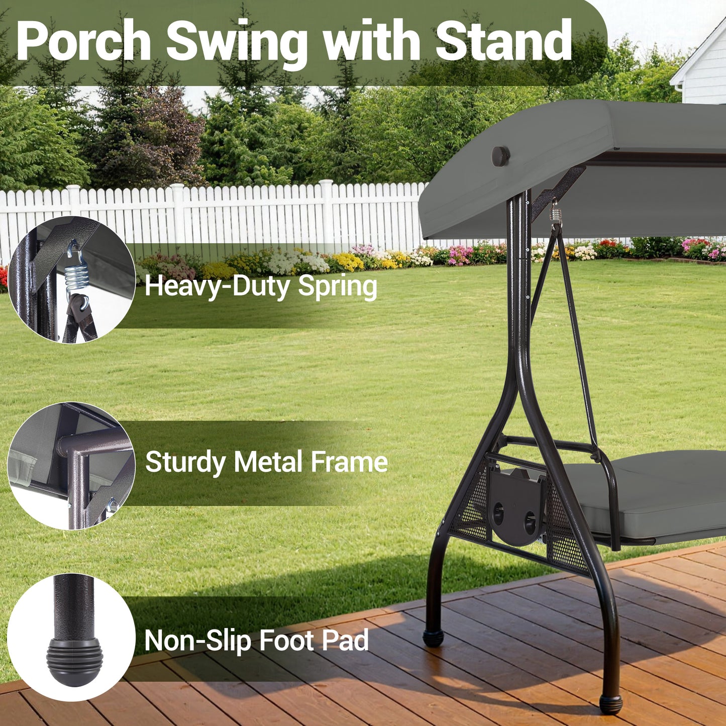 DELMANGO 3-Seat Outdoor Porch Swing with Adjustable Canopy, 2 in 1 Convertible Patio Swing Bed, Patio Glider Swing for Backyard, Gray