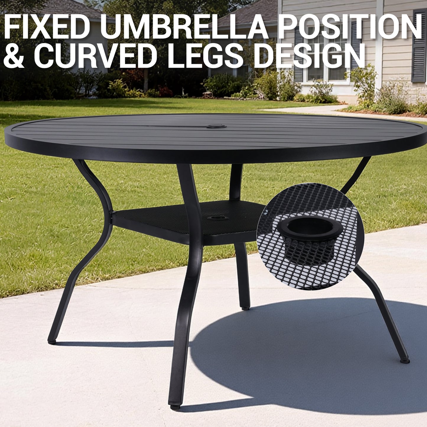 DELMANGO 55" Outdoor Dining Table for 6-8, Metal Round Patio Dining Table with Adjustable Umbrella Hole for Garden, Backyard and Porch, Black
