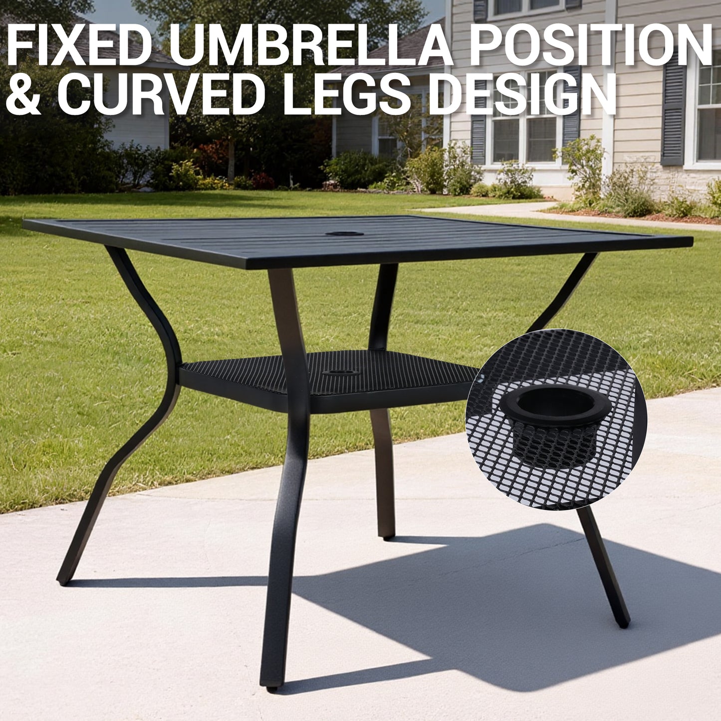DELMANGO 37" Outdoor Dining Table for 4, Metal Square Patio Dining Table with Adjustable Umbrella Hole for Garden, Backyard and Porch, Black
