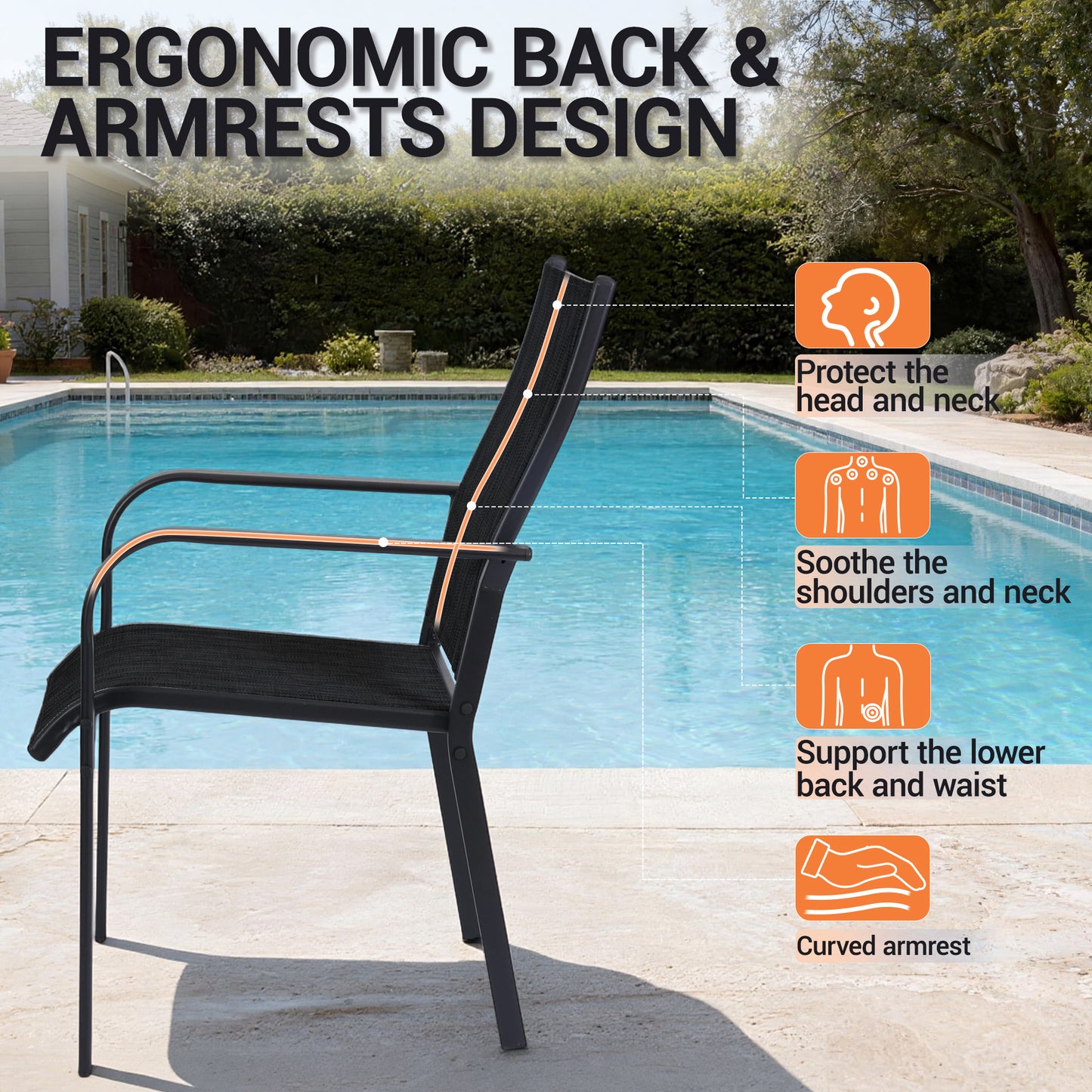 DELMANGO Patio Chairs Set of 4, Outdoor Dining Chairs High Back, All-Weather Padded Textilene Dining Chair for Lawn Porch Garden, Black(Set of 4)
