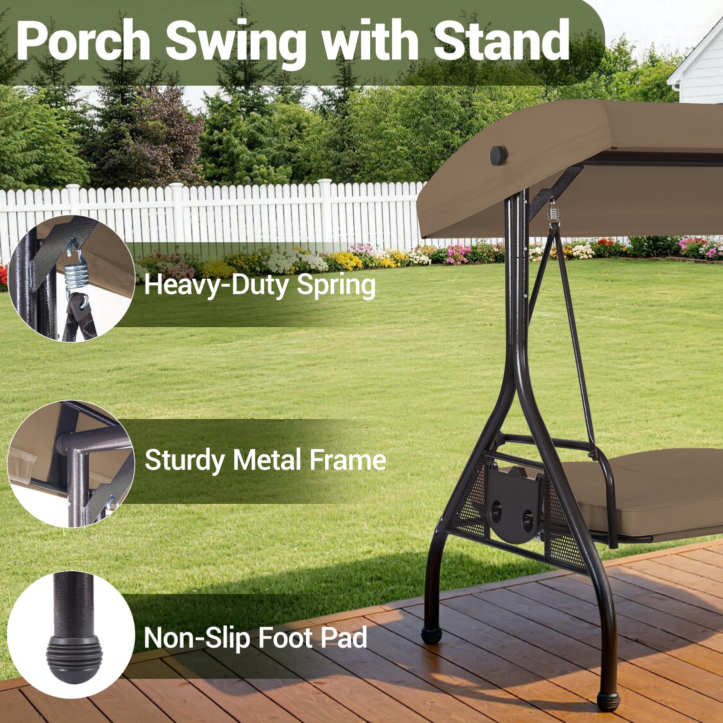 DELMANGO 3-Seat Outdoor Porch Swing with Adjustable Canopy, 2 in 1 Convertible Patio Swing Bed, Patio Glider Swing for Backyard, Brown
