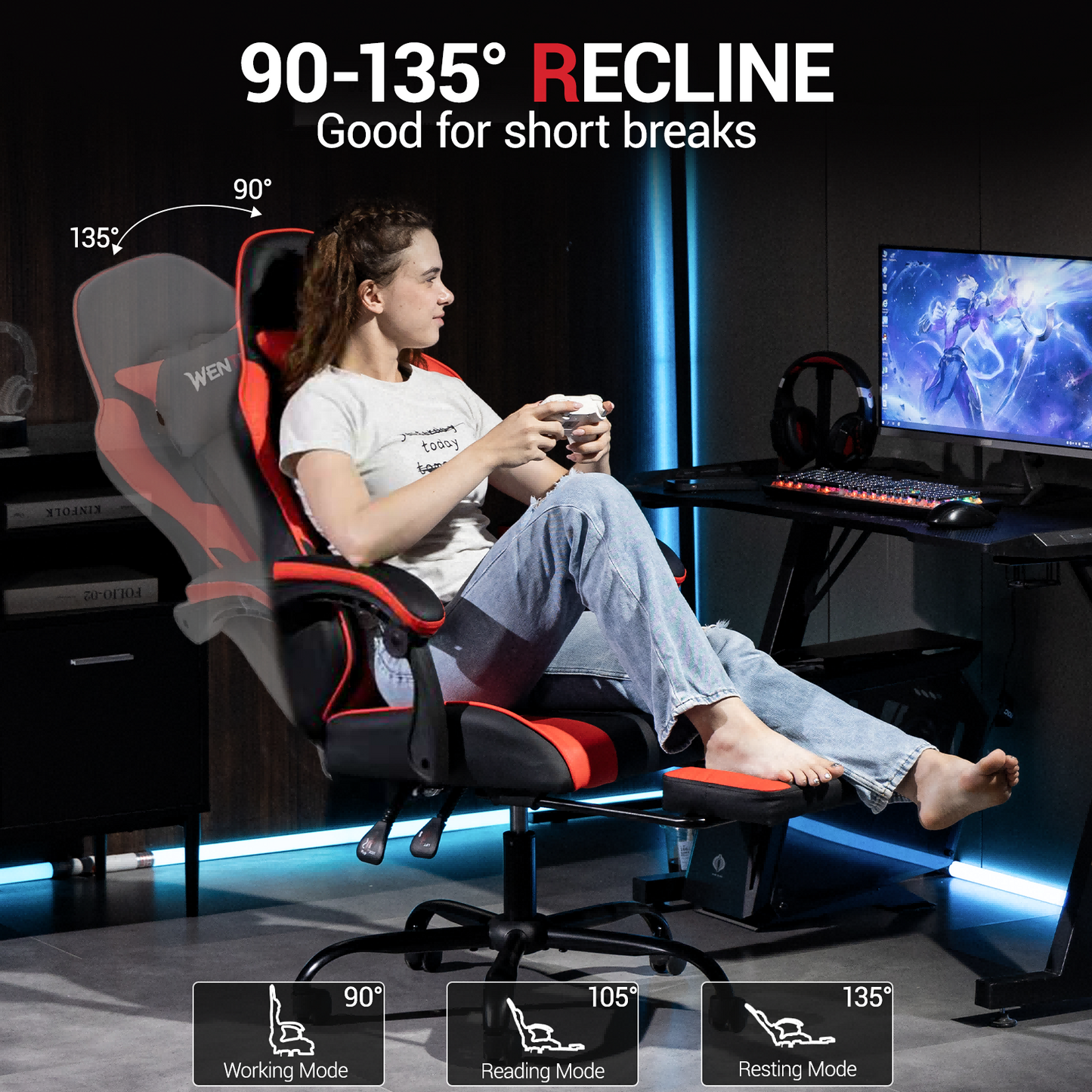 DELMANGO Ergonomic Reclining Gaming Chair with Linkage Armrests & Footrest, Racing Style Office Chair, PU Leather Computer Desk Chair, Red