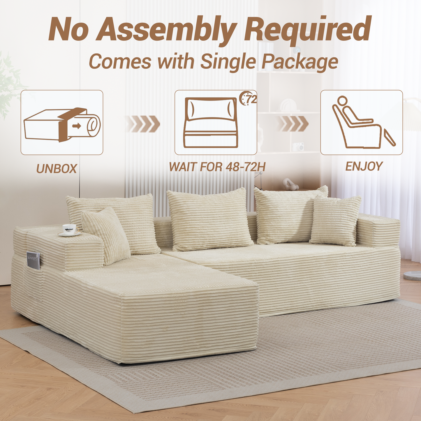 DELMANGO Modular Sectional Sofa with L-Shape Chaise, Corduroy Boneless Couch Set for Living Room, No Assembly Required, Beige