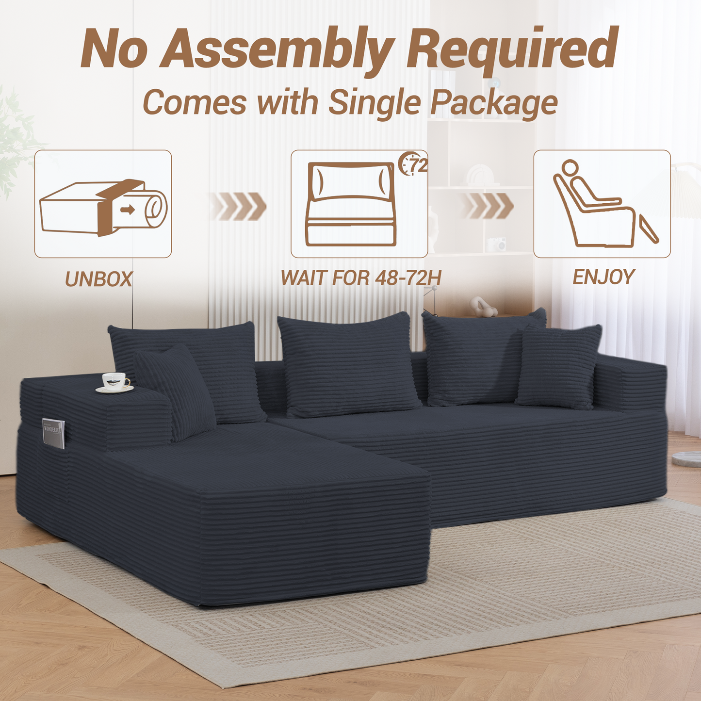 DELMANGO Modular Sectional Sofa with L-Shape Chaise, Corduroy Boneless Couch Set for Living Room, No Assembly Required, Black