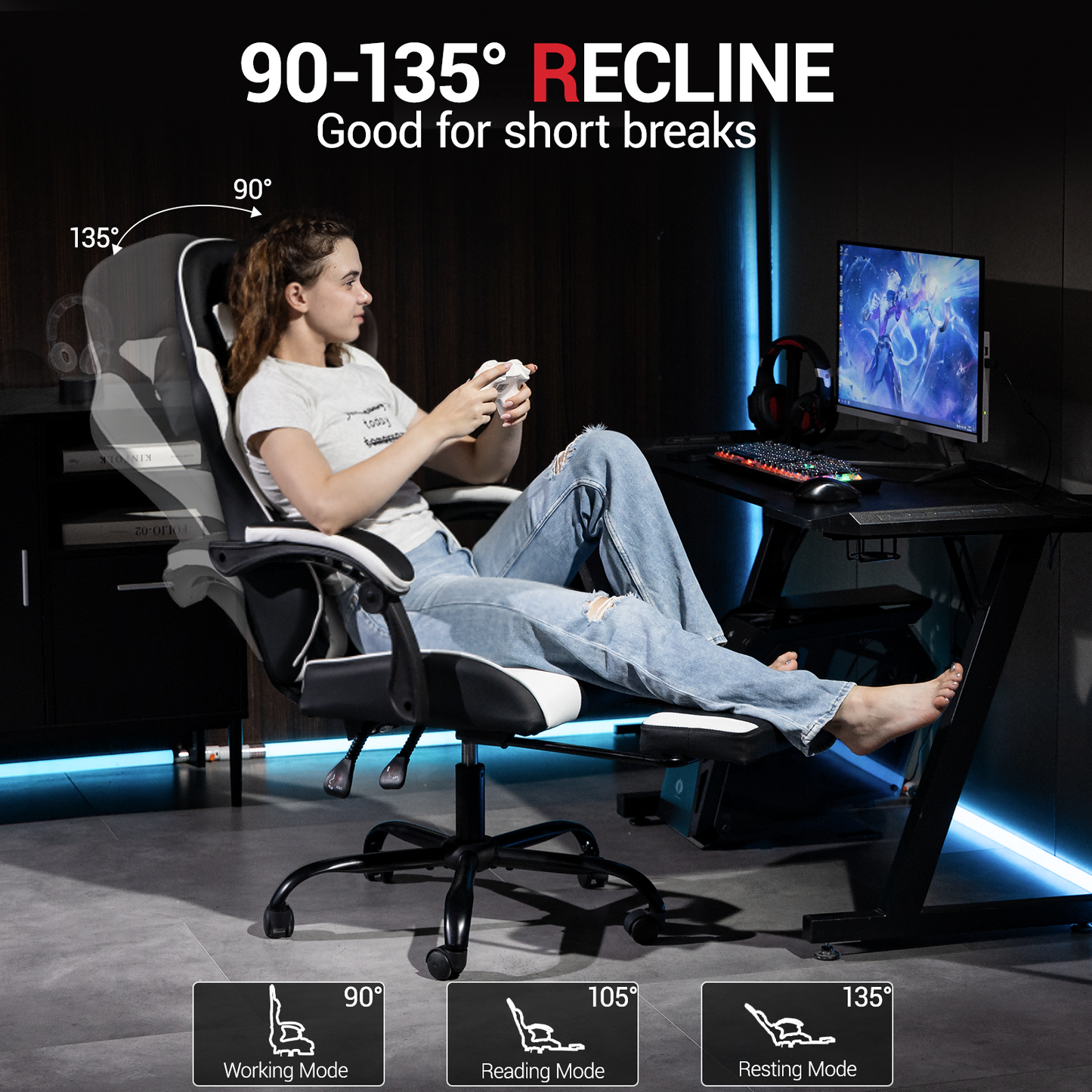 DELMANGO Ergonomic Reclining Gaming Chair with Linkage Armrests & Footrest, Racing Style Office Chair, PU Leather Computer Desk Chair, White