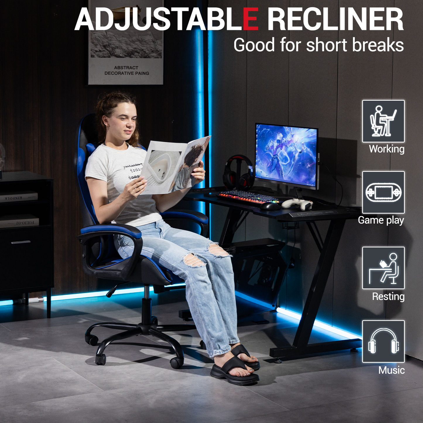 DELMANGO Ergonomic Gaming Chair, Racing Style Office Computer Desk Chair, Swivel PU Leather PC Gamer Chair, Blue