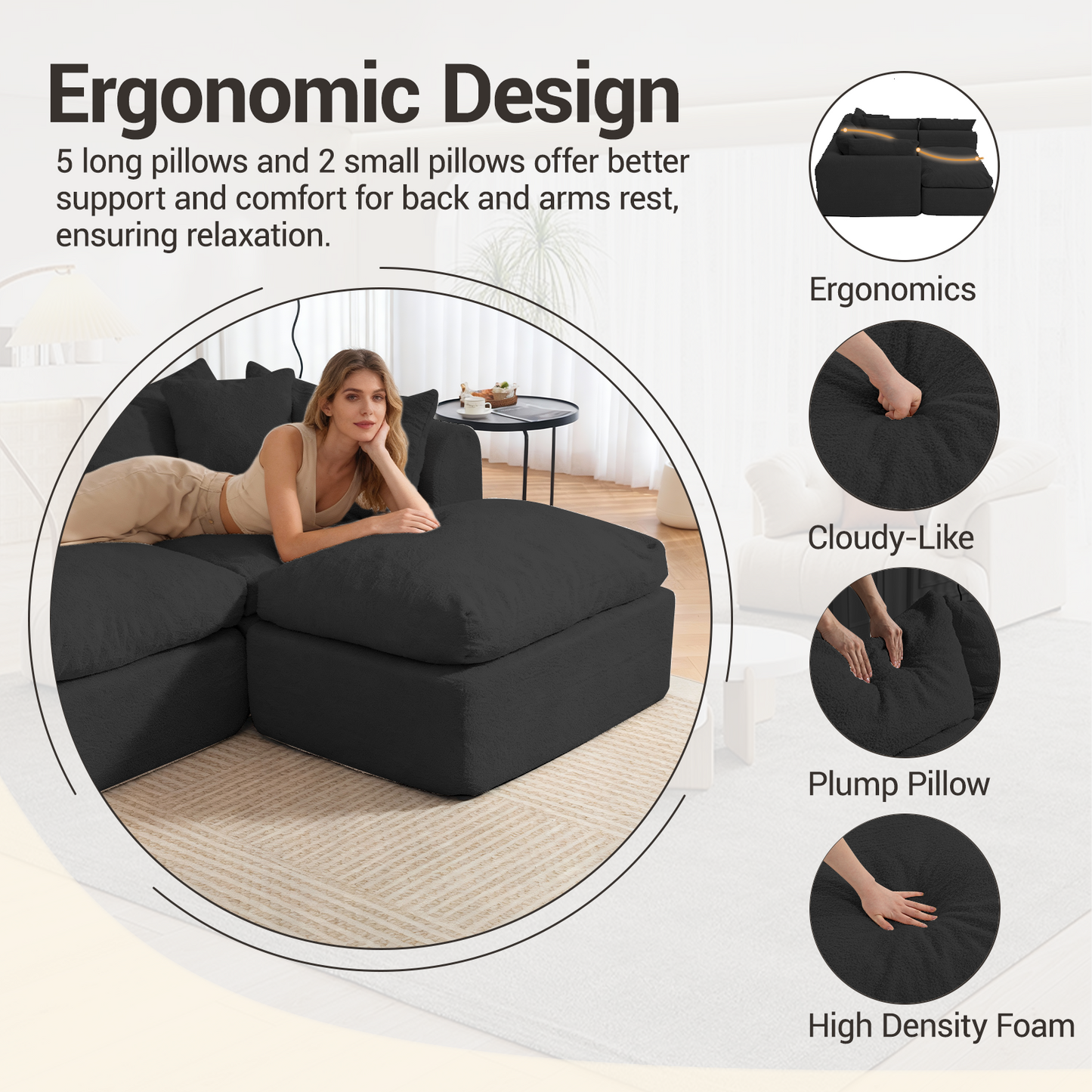 DELMANGO 113 Inch Modular L-Shape Cloud Velvet Sectional Couch, Boneless Convertible Sofa Set with Ottoman, No Assembly, Black