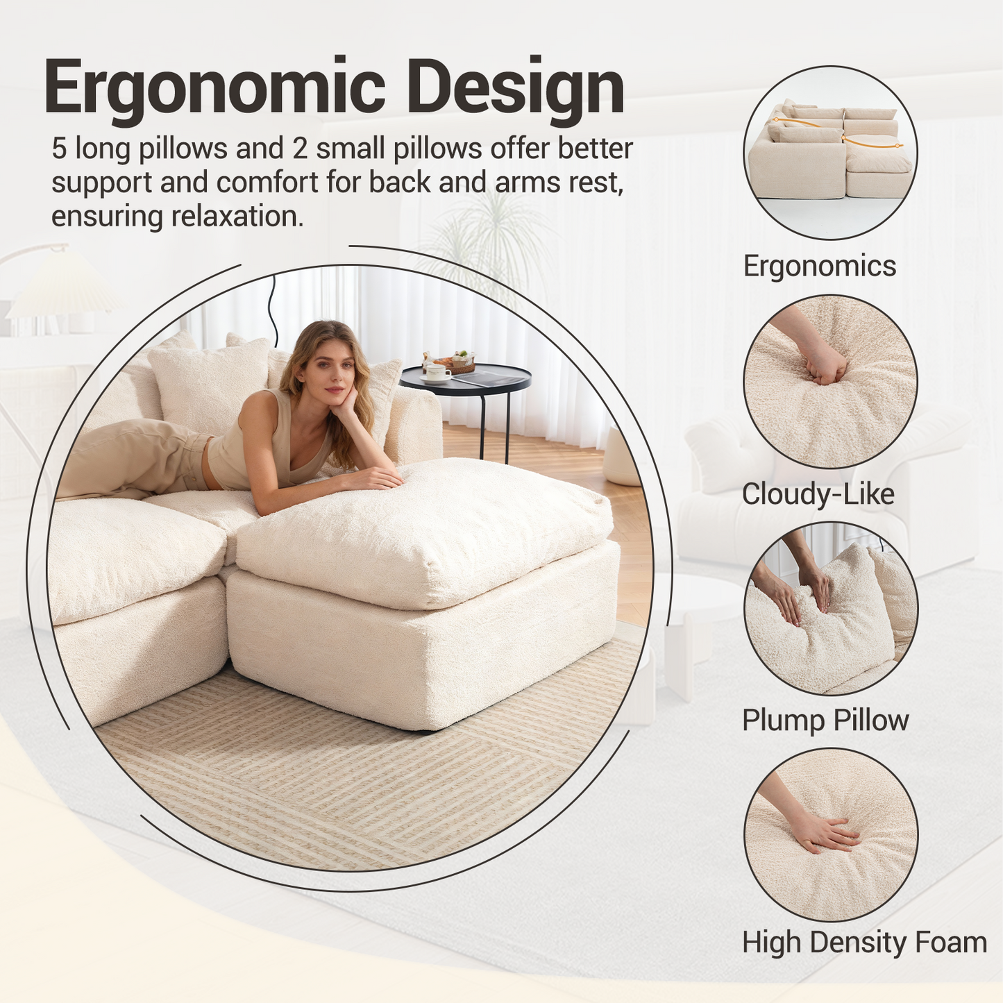 DELMANGO 113 Inch Modular L-Shape Cloud Velvet Sectional Couch, Boneless Convertible Sofa Set with Ottoman, No Assembly, Beige