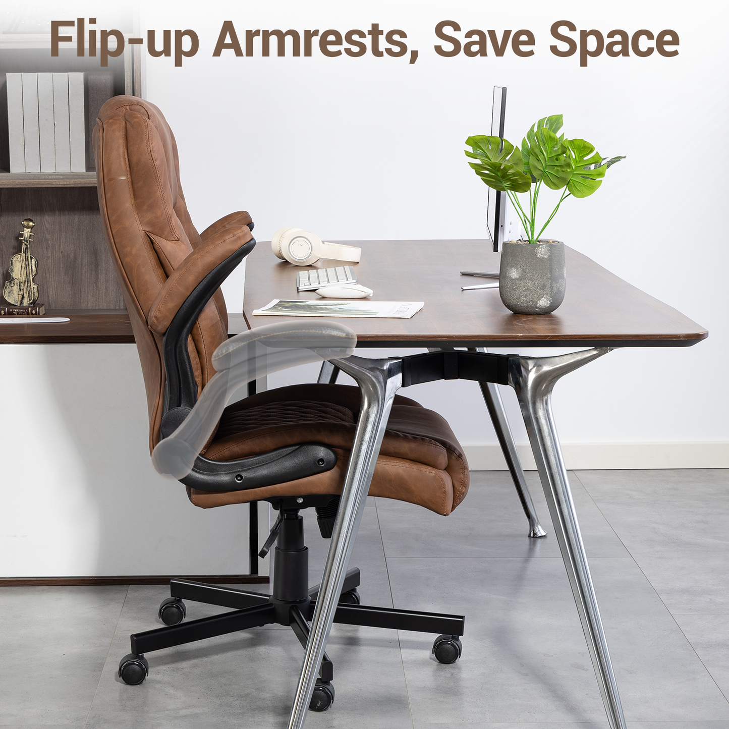 DELMANGO High-Back Executive Office Chair, Ergonomic Computer Desk Chair with Rocking Feature, PU Leather, Flip-Up Armrests and Lumbar Support, Brown