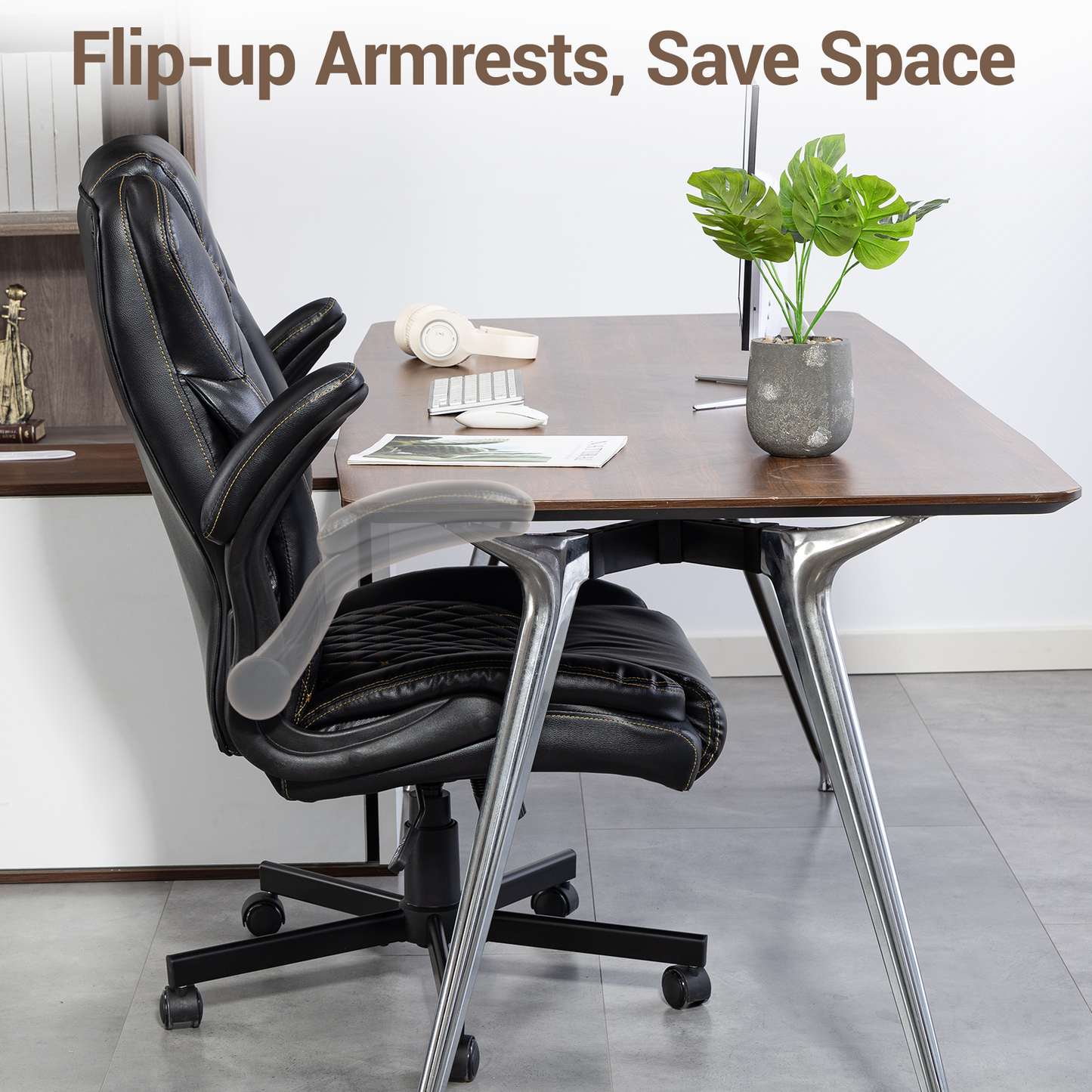 DELMANGO High-Back Executive Office Chair, Ergonomic Computer Desk Chair with Rocking Feature, PU Leather, Flip-Up Armrests and Lumbar Support, Black