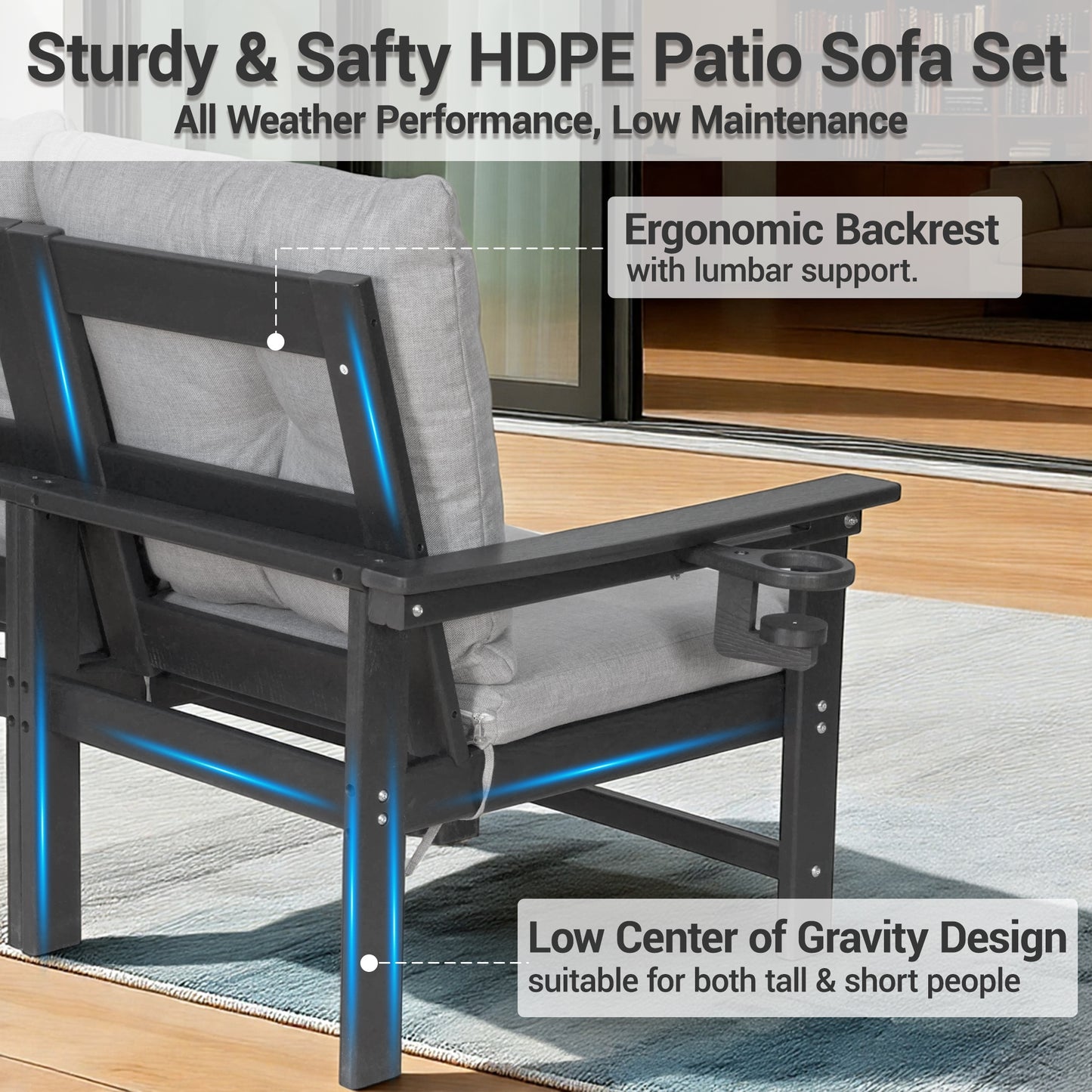 DELMANGO Patio Furniture Sets,7 Pieces Outdoor Conversation Set with Removable Washable Cushion,Wood Tepoy and Table Gray