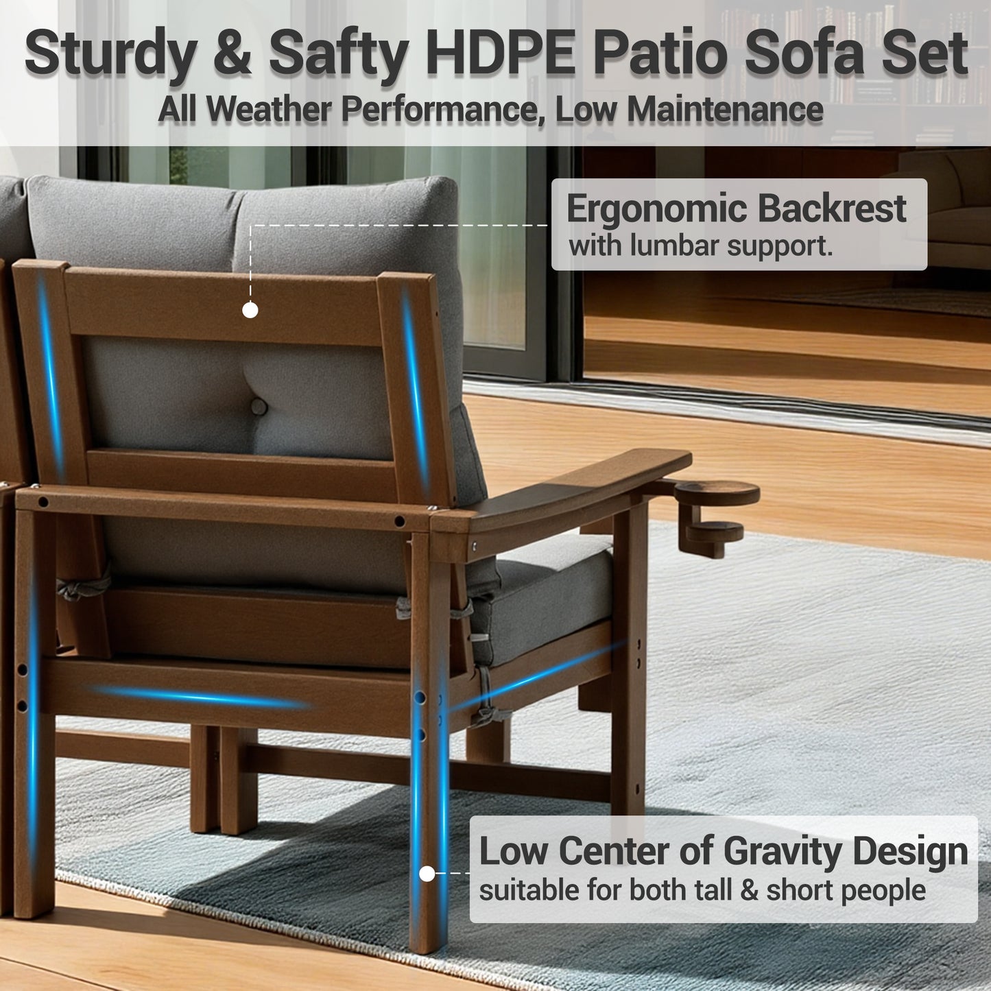 DELMANGO Patio Furniture Sets,7 Pieces Outdoor Conversation Set with Removable Washable Cushion,Wood Tepoy and Table Brown