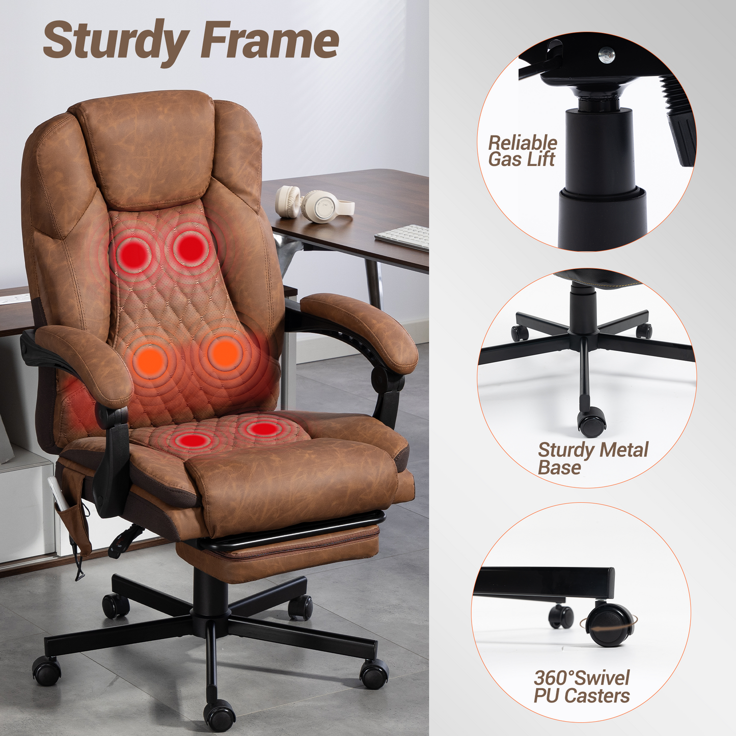 DELMANGO Massage Office Chair with Footrest, 6-Point Vibration Heating Executive Desk Chair, Ergonomic Home Office Chair, Brown