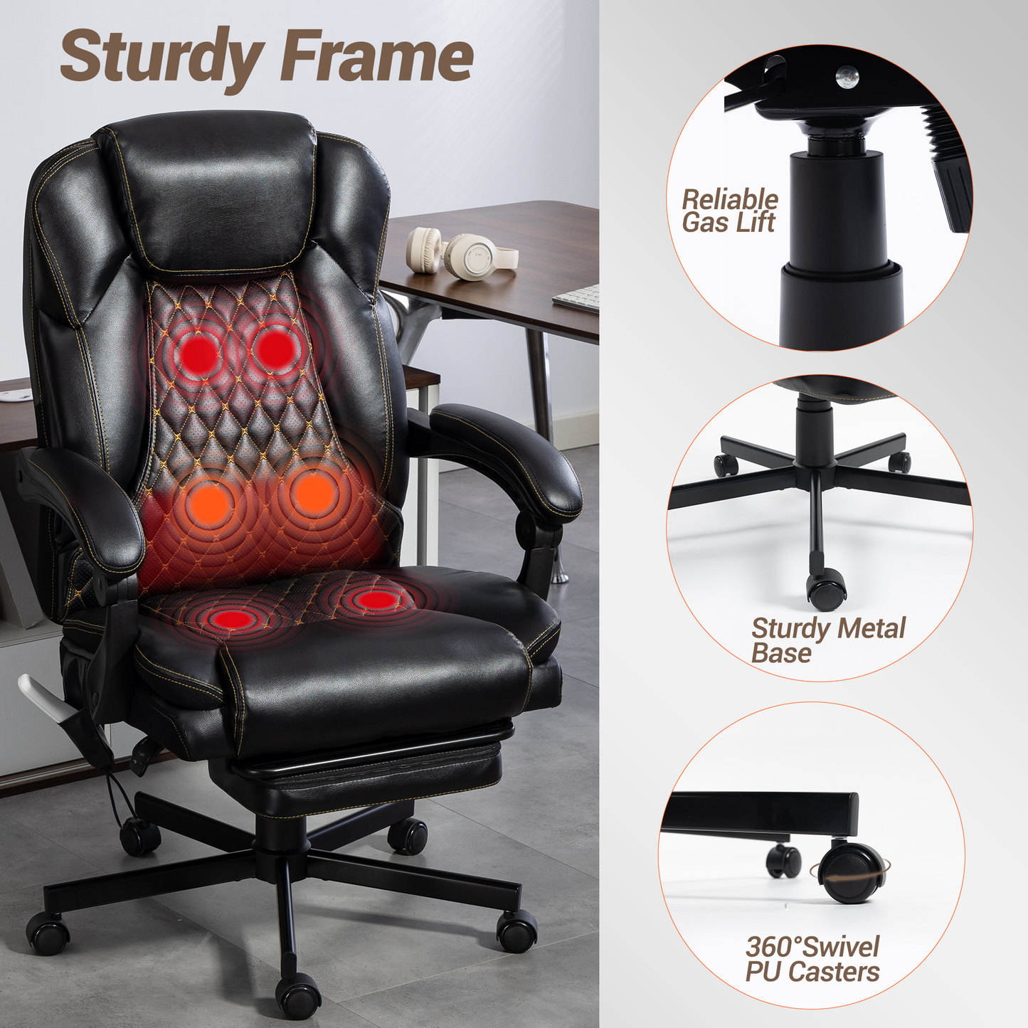 DELMANGO Massage Office Chair with Footrest, 6-Point Vibration Heating Executive Desk Chair, Ergonomic Home Office Chair, Black