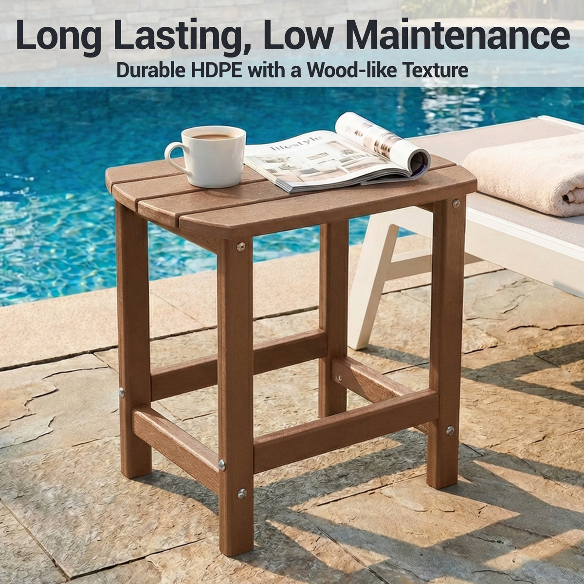 DELMANGO HDPE Outdoor Side Table - All Weather Performance Patio Side Table, Waterproof Small Outdoor End Table for Patio, Garden, Lawn, Pool, Balcony, Living Room Brown