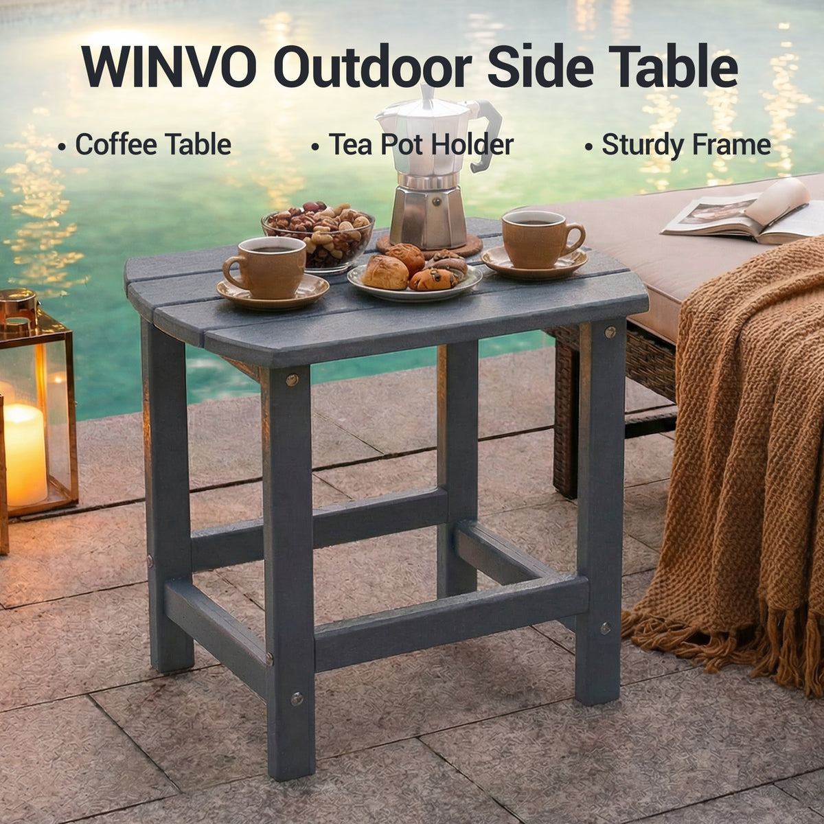 DELMANGO HDPE Outdoor Side Table - All Weather Performance Patio Side Table, Waterproof Small Outdoor End Table for Patio, Garden, Lawn, Pool, Balcony, Living Room Gray