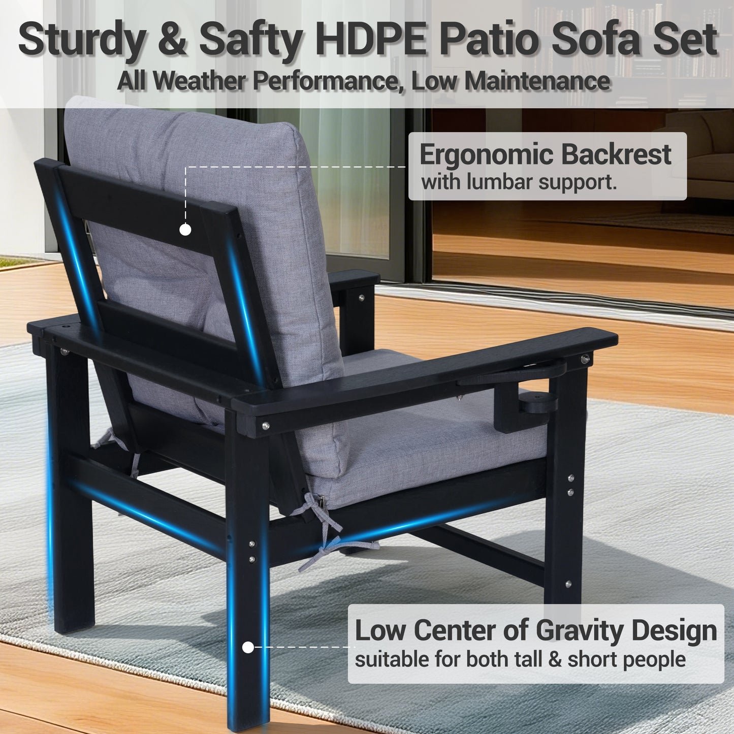 DELMANGO Patio Furniture Sets,7 Pieces Outdoor Conversation Set with Removable Washable Cushion,Wood Tepoy and Table Black