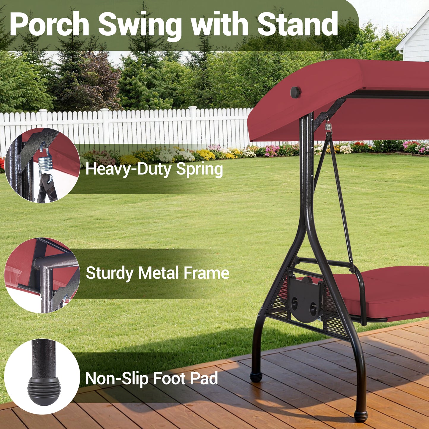 DELMANGO 3-Seat Outdoor Porch Swing with Adjustable Canopy, 2 in 1 Convertible Patio Swing Bed, Patio Glider Swing for Backyard, Red