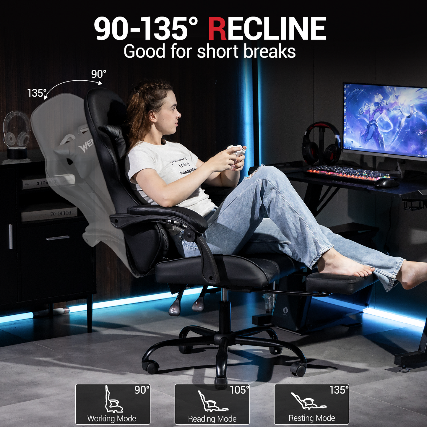 DELMANGO Ergonomic Reclining Gaming Chair with Linkage Armrests & Footrest, Racing Style Office Chair, PU Leather Computer Desk Chair, Black