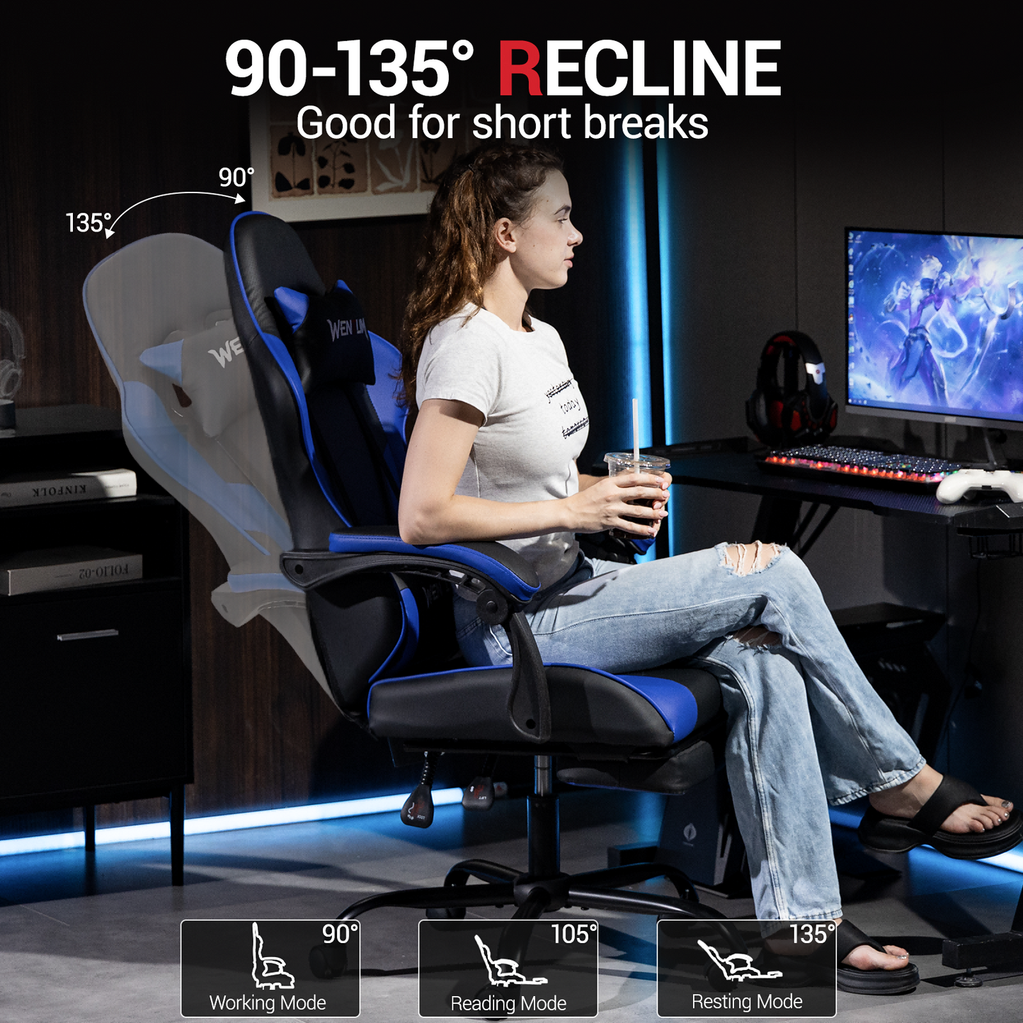 DELMANGO Ergonomic Reclining Gaming Chair with Linkage Armrests & Footrest, Racing Style Office Chair, PU Leather Computer Desk Chair, Blue