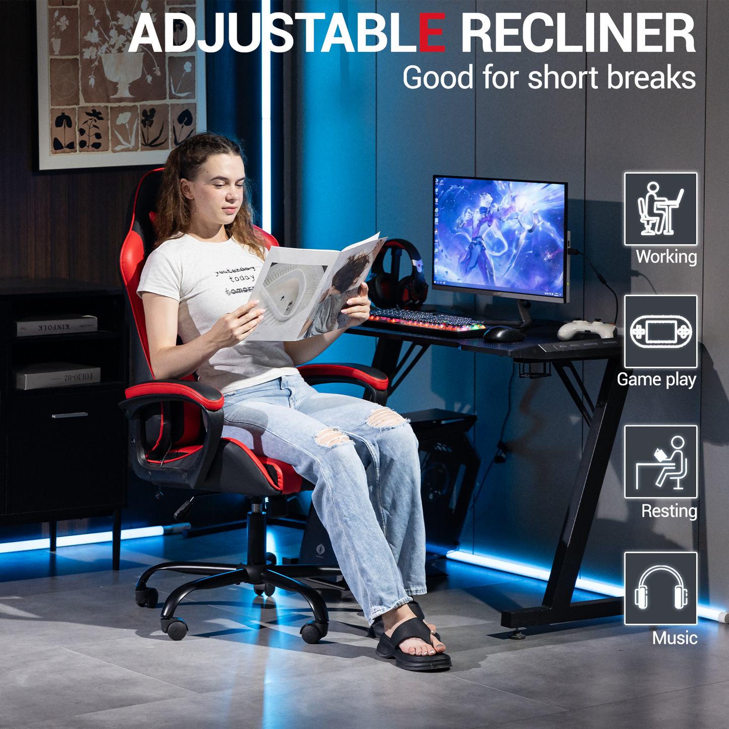 DELMANGO Ergonomic Gaming Chair, Racing Style Office Computer Desk Chair, Swivel PU Leather PC Gamer Chair, Red