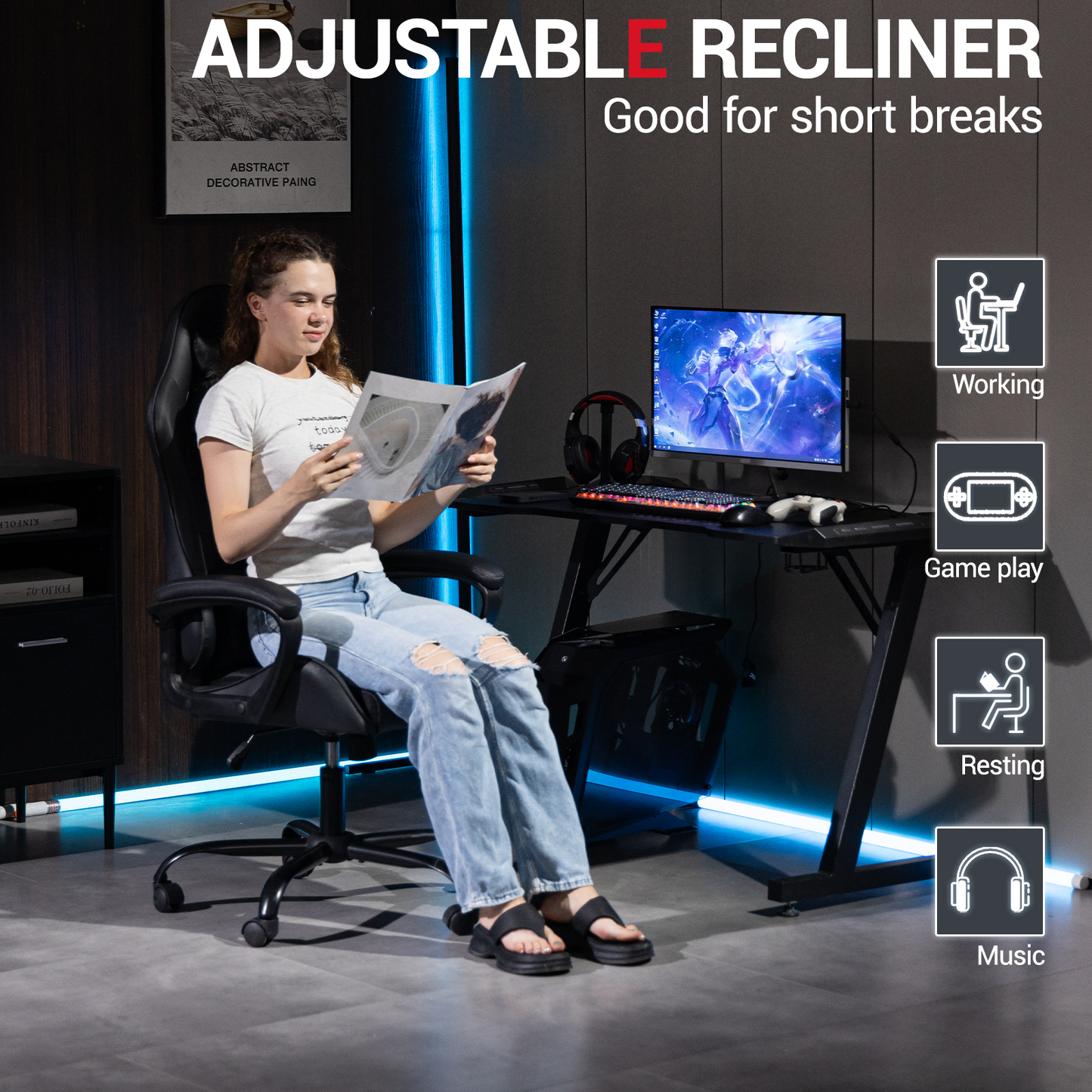 DELMANGO Ergonomic Gaming Chair, Racing Style Office Computer Desk Chair, Swivel PU Leather PC Gamer Chair, Black