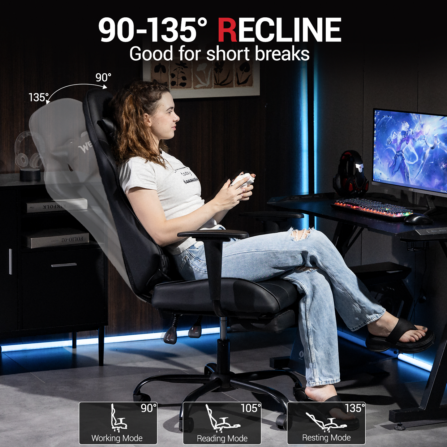 DELMANGO Massage Gaming Chair with Recline and Footrest, Racing Style PU Leather Office Desk Chair with Head Pillow for Adults, Black
