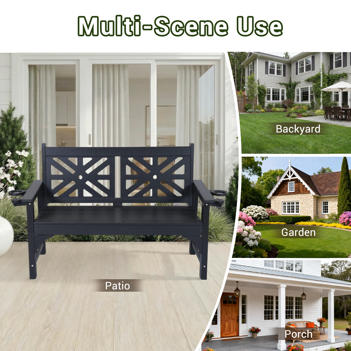 DELMANGO Outdoor Bench with Cup Holders, HDPE Weatherproof Garden Bench 2-Person, Fade/Rot Resistance Patio Benches for Porch and Park, Black