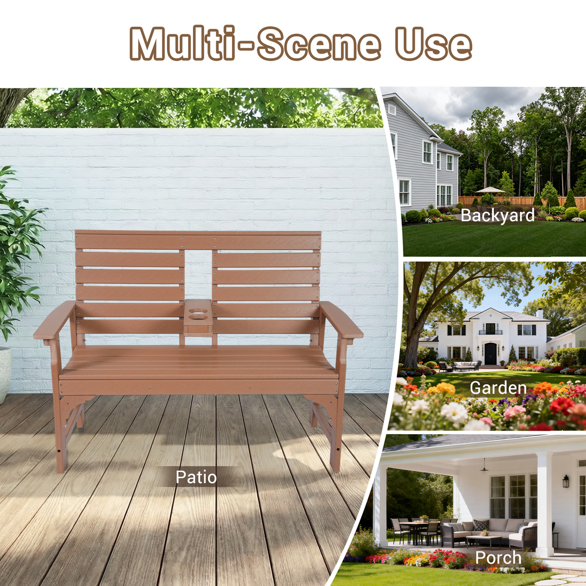 DELMANGO Outdoor Bench with Cup Holders, HDPE 2-Person Weatherproof Patio Benches, Fade/Rot Resistance, Garden Bench for Front Porch Backyard, Brown