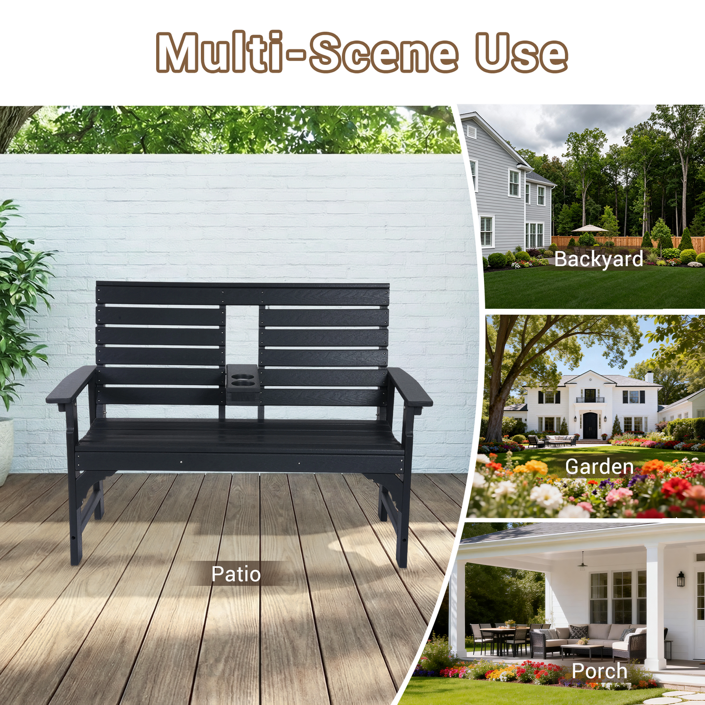 DELMANGO Outdoor Bench with Cup Holders, HDPE 2-Person Weatherproof Patio Benches, Fade/Rot Resistance, Garden Bench for Front Porch Backyard, Black