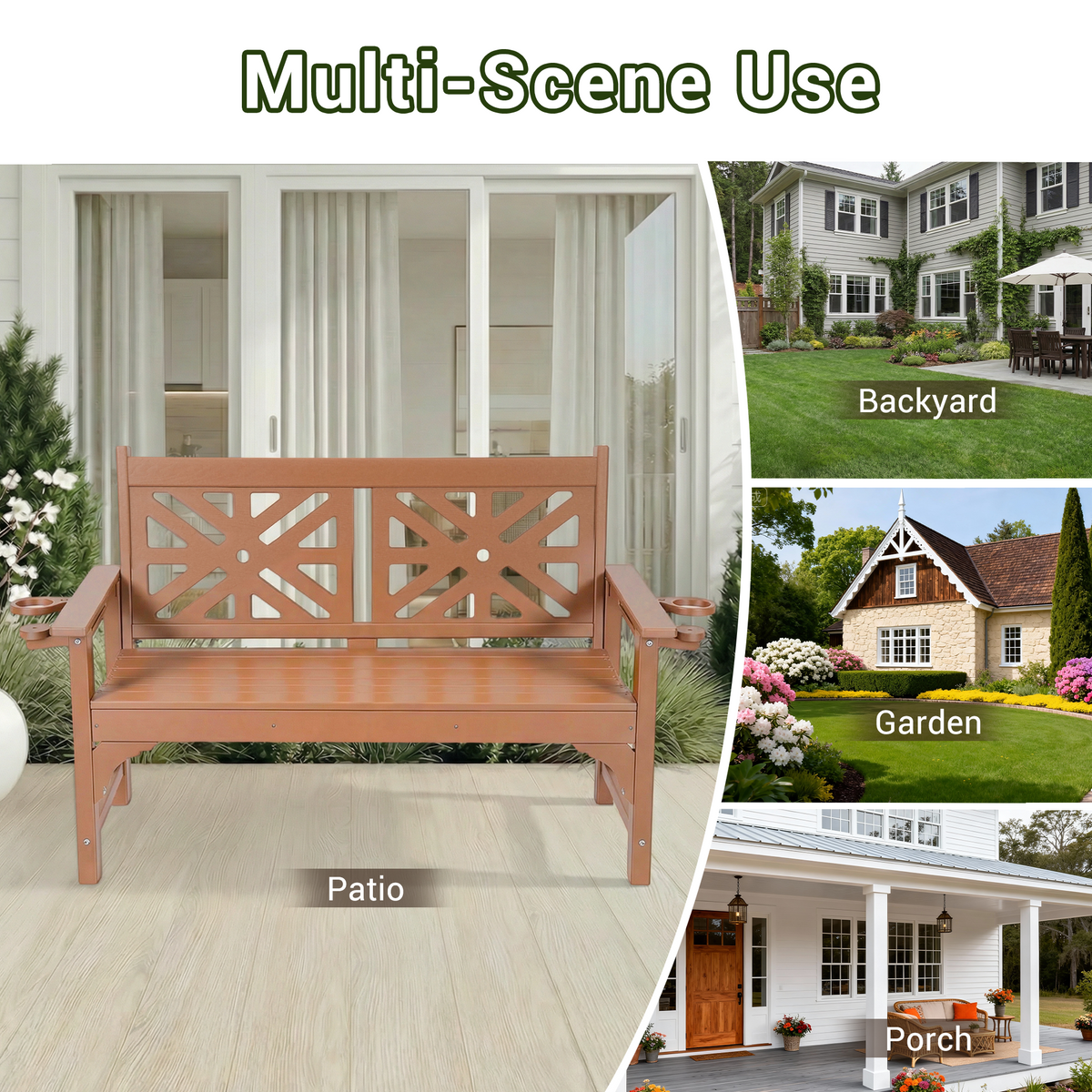 DELMANGO Outdoor Bench with Cup Holders, HDPE Weatherproof Garden Bench 2-Person, Fade/Rot Resistance Patio Benches for Porch and Park, Brown