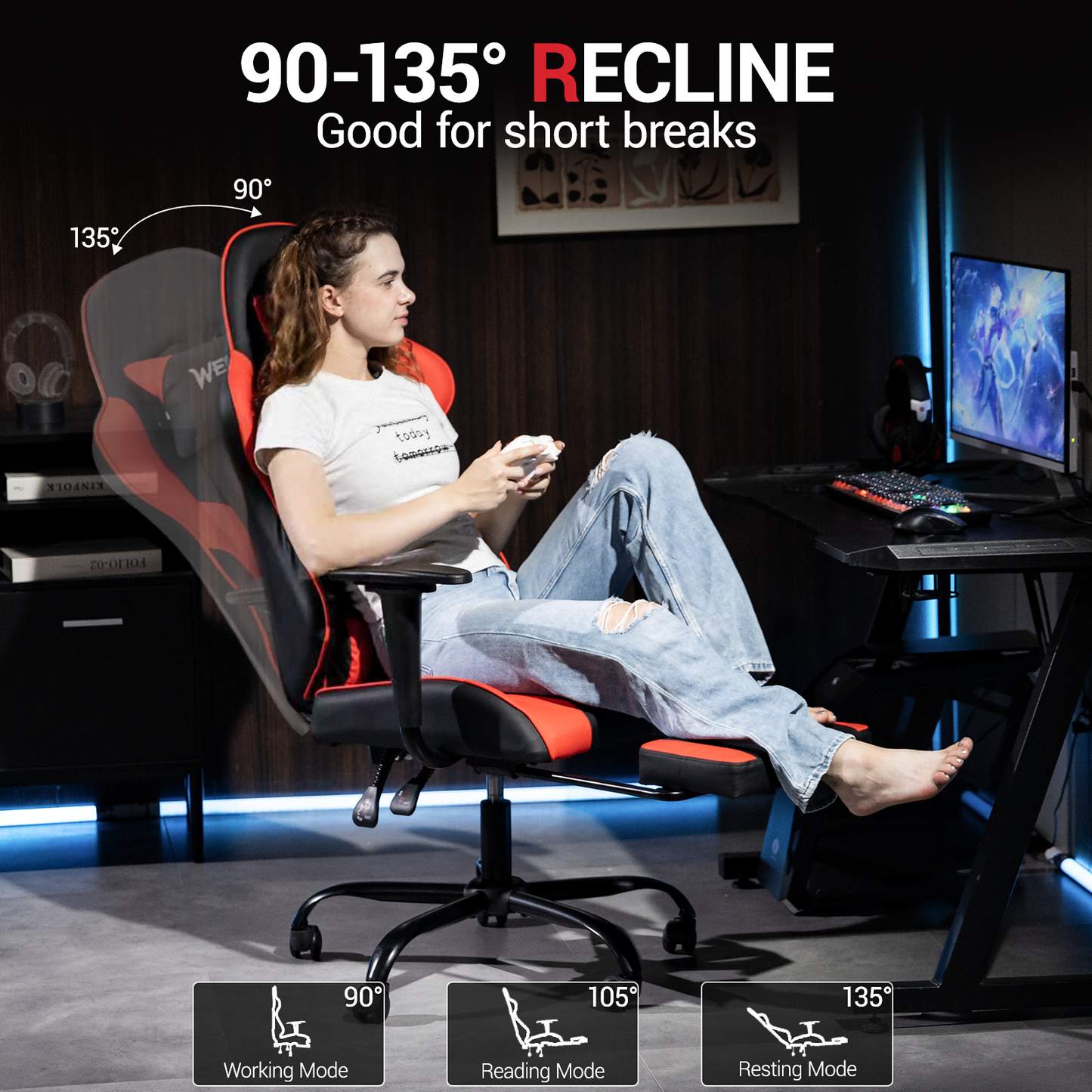 DELMANGO Massage Gaming Chair with Recline and Footrest, Racing Style PU Leather Office Desk Chair with Head Pillow for Adults, Red