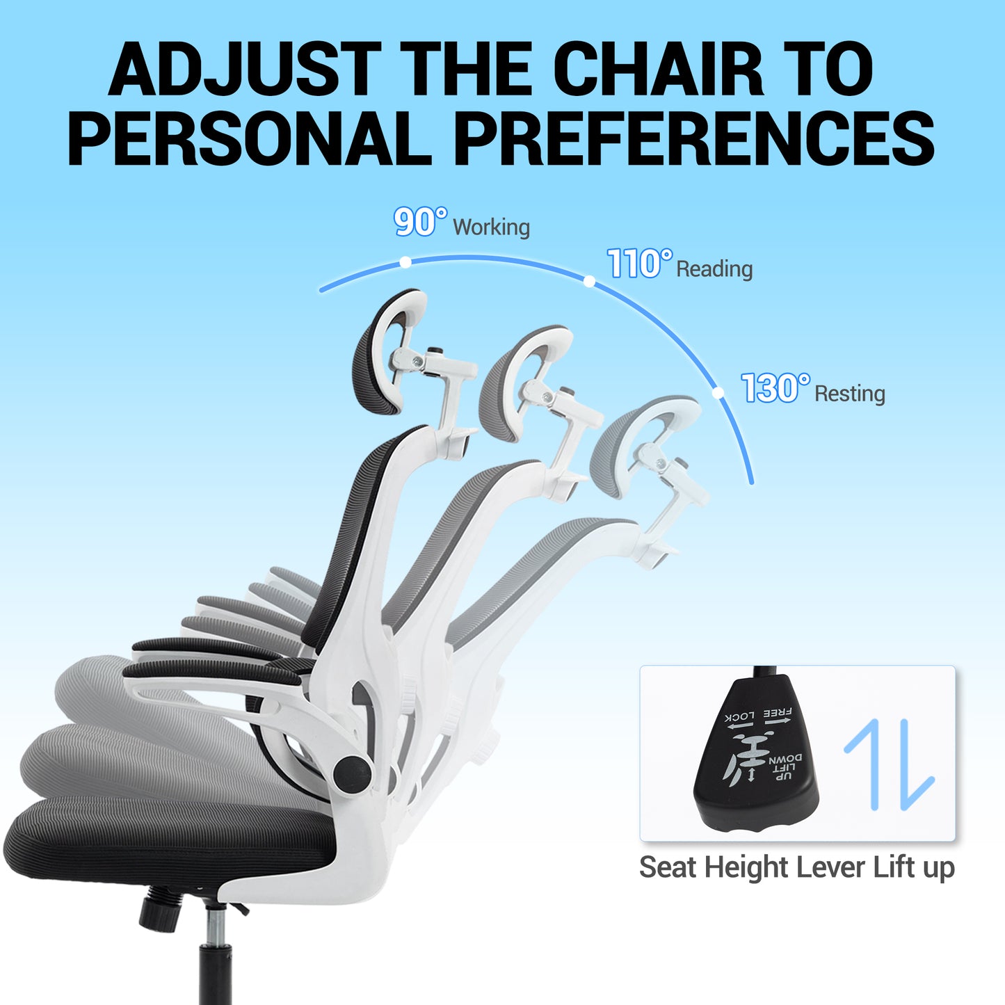 Delmango Office Chair, Ergonomic Desk Chair with Flip-up Arms, Coat Hook, Adjustable Headrest and Lumber Support, Mesh Computer Chair, 330 LBS, White