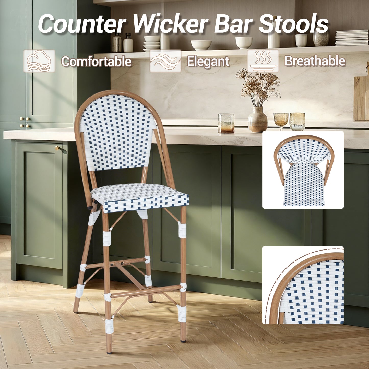 DELMANGO Bar Stool Set of 2 with Wood Print Finish French Counter Height Patio Rattan Bar Stool Chairs for Porch Garden Indoor Kitchen, White/Black