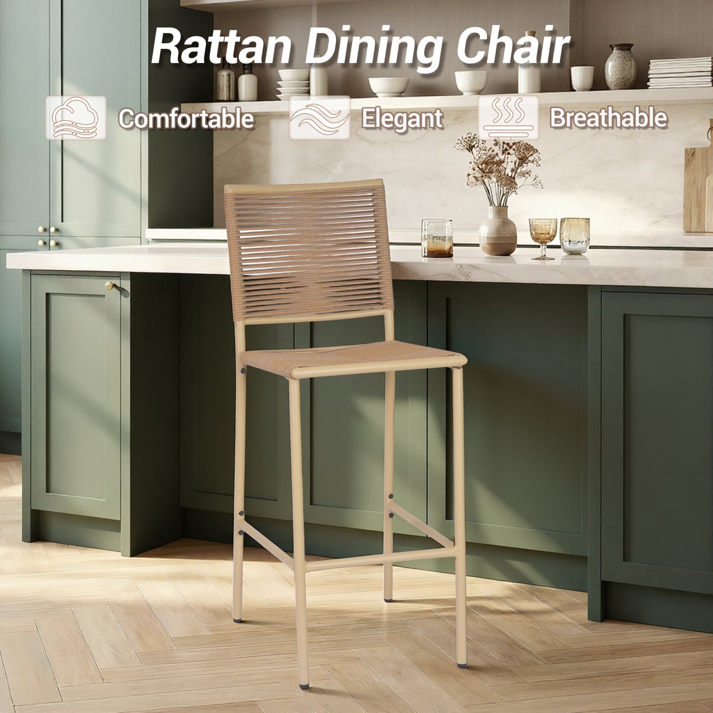 DELMANGO 4Pcs Bar Stool, Counter Height Patio Rattan Armless Chairs for Porch Garden Indoor Kitchen, Yellow