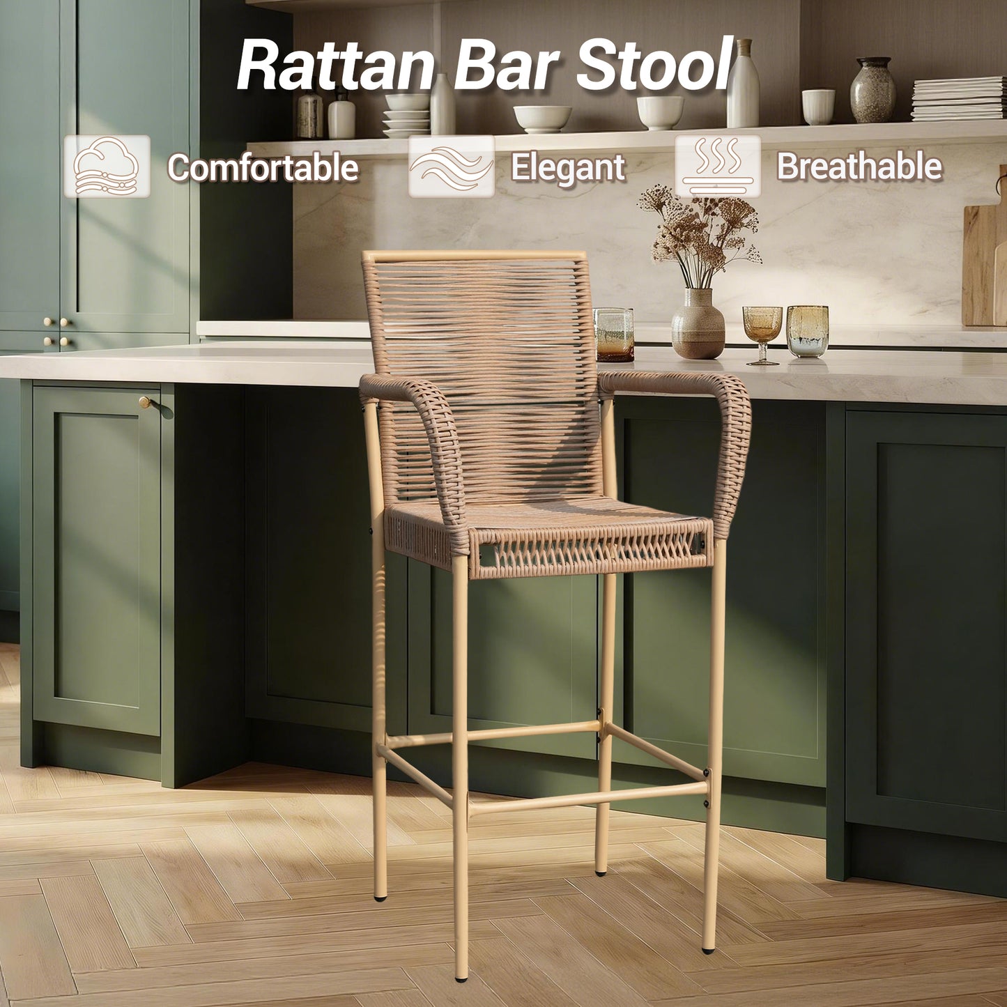 DELMANGO 4Pcs Bar Stool, Counter Height Patio Rattan Bar Stool Chairs with Armrests for Porch Garden Indoor Kitchen, Yellow