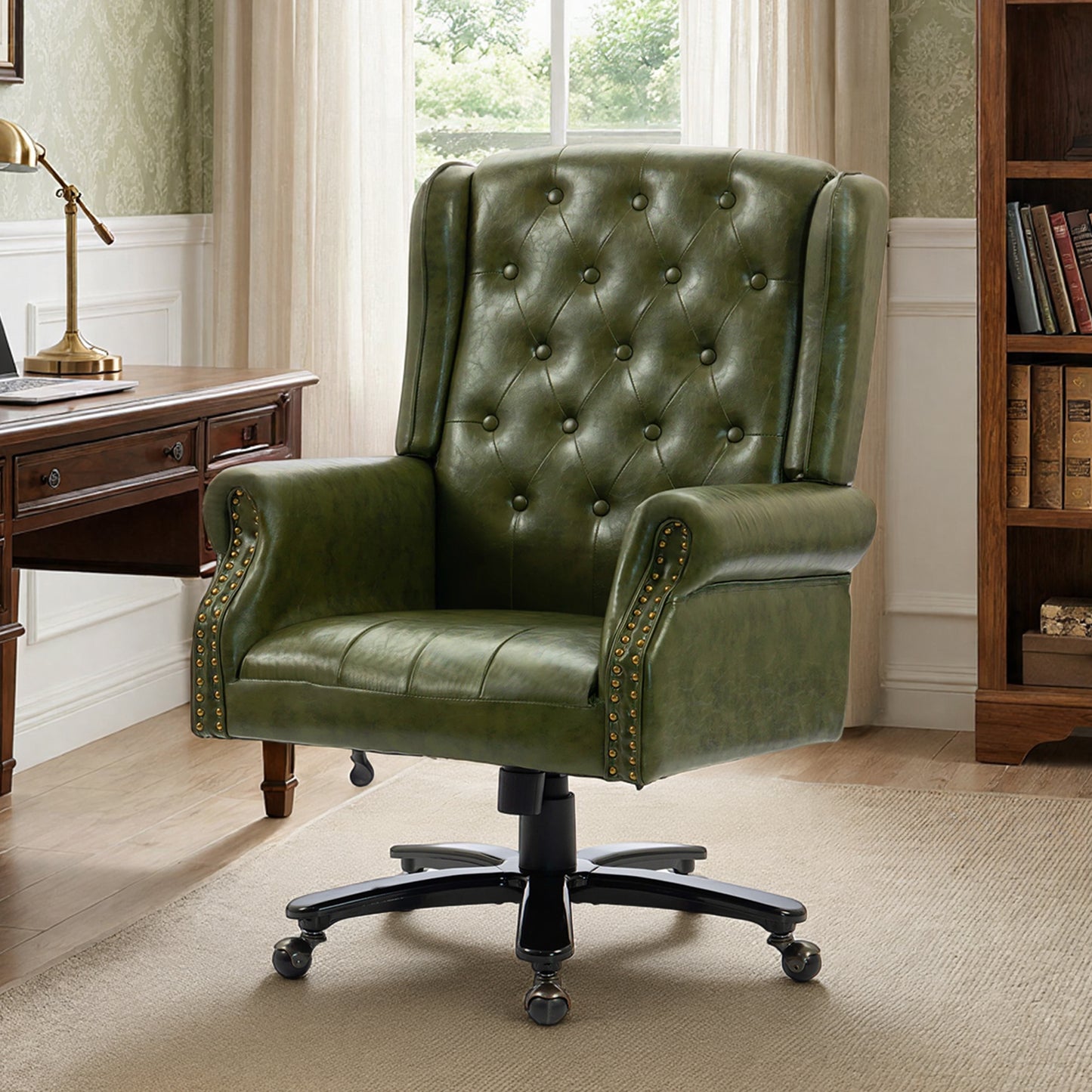 Delmango Vintage PU Leather Office Chair, Wingback Executive Desk Chair with Tufted Back & Nailhead Trim, Wide Seat Rolled Armrests Swivel Task Chair, Heavy Duty 330LBS for Home Office, Green