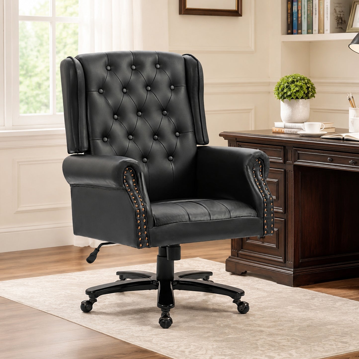 Delmango Vintage PU Leather Office Chair, Wingback Executive Desk Chair with Tufted Back & Nailhead Trim, Wide Seat Rolled Armrests Swivel Task Chair, Heavy Duty 330LBS for Home Office, Black