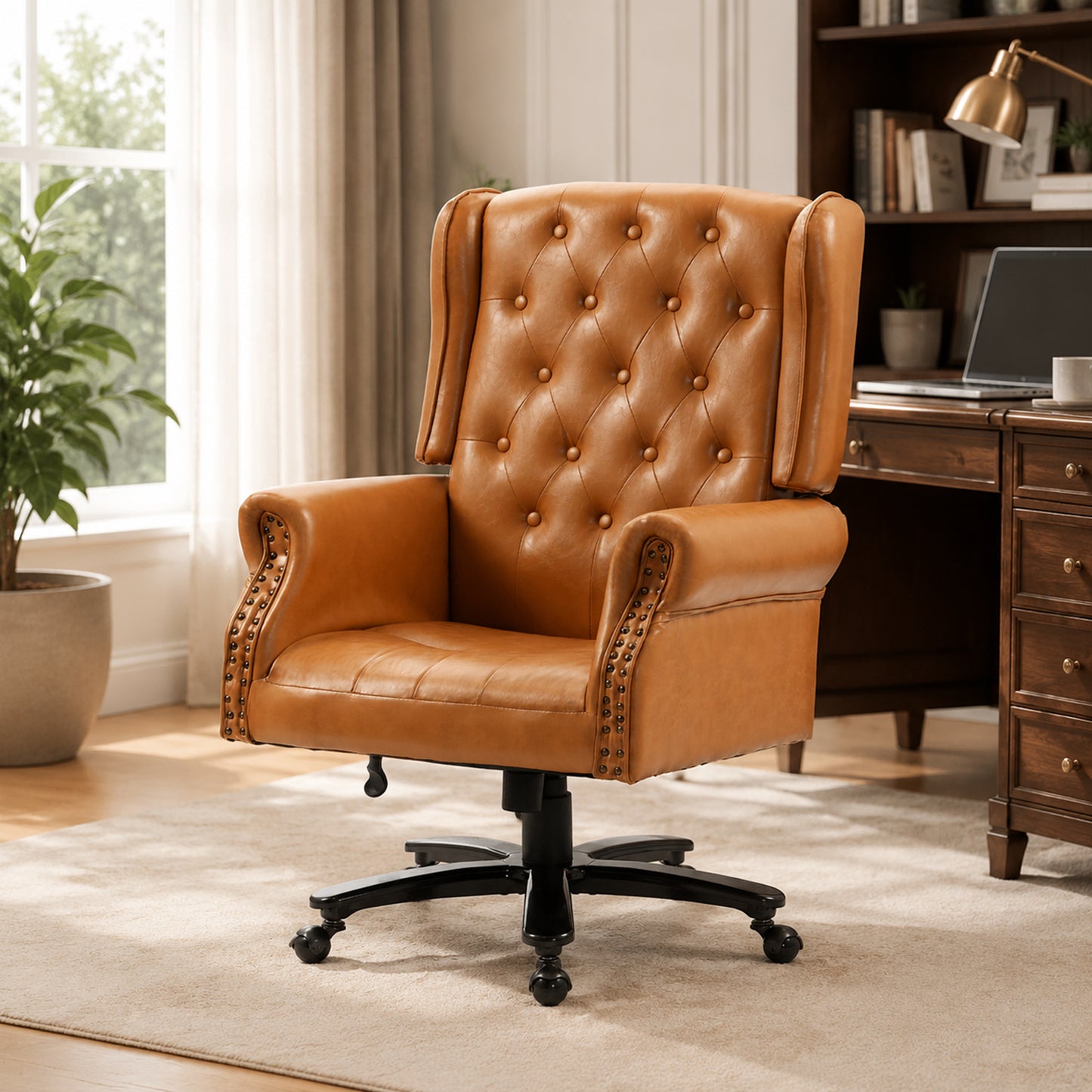 Delmango Vintage PU Leather Office Chair, Wingback Executive Desk Chair with Tufted Back & Nailhead Trim, Wide Seat Rolled Armrests Swivel Task Chair, Heavy Duty 330LBS for Home Office, Brown