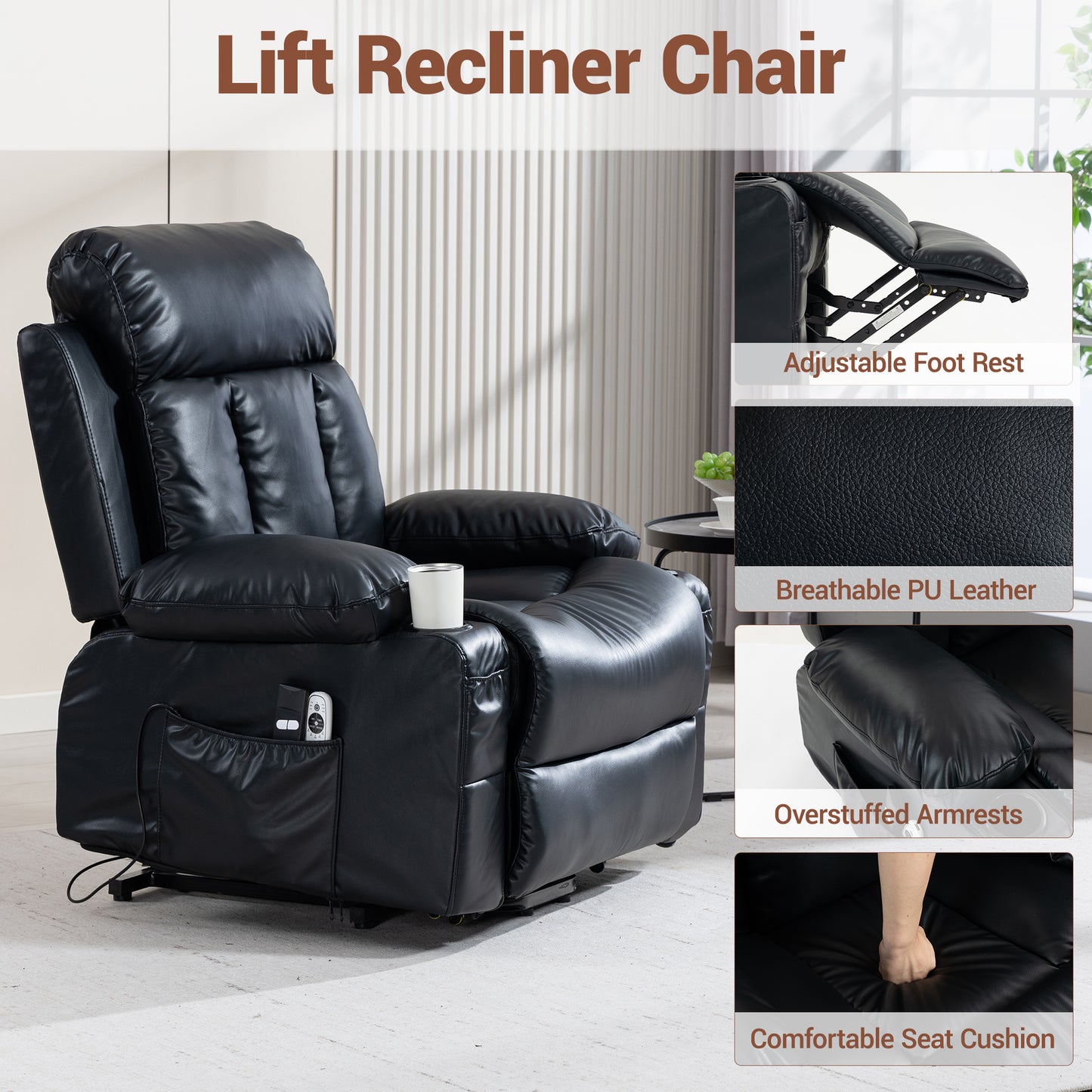 Delmango Faux Leather Recliner Chair with Push Back and Lumbar Support, Overstuffed Living Room Reclining Sofa, Black
