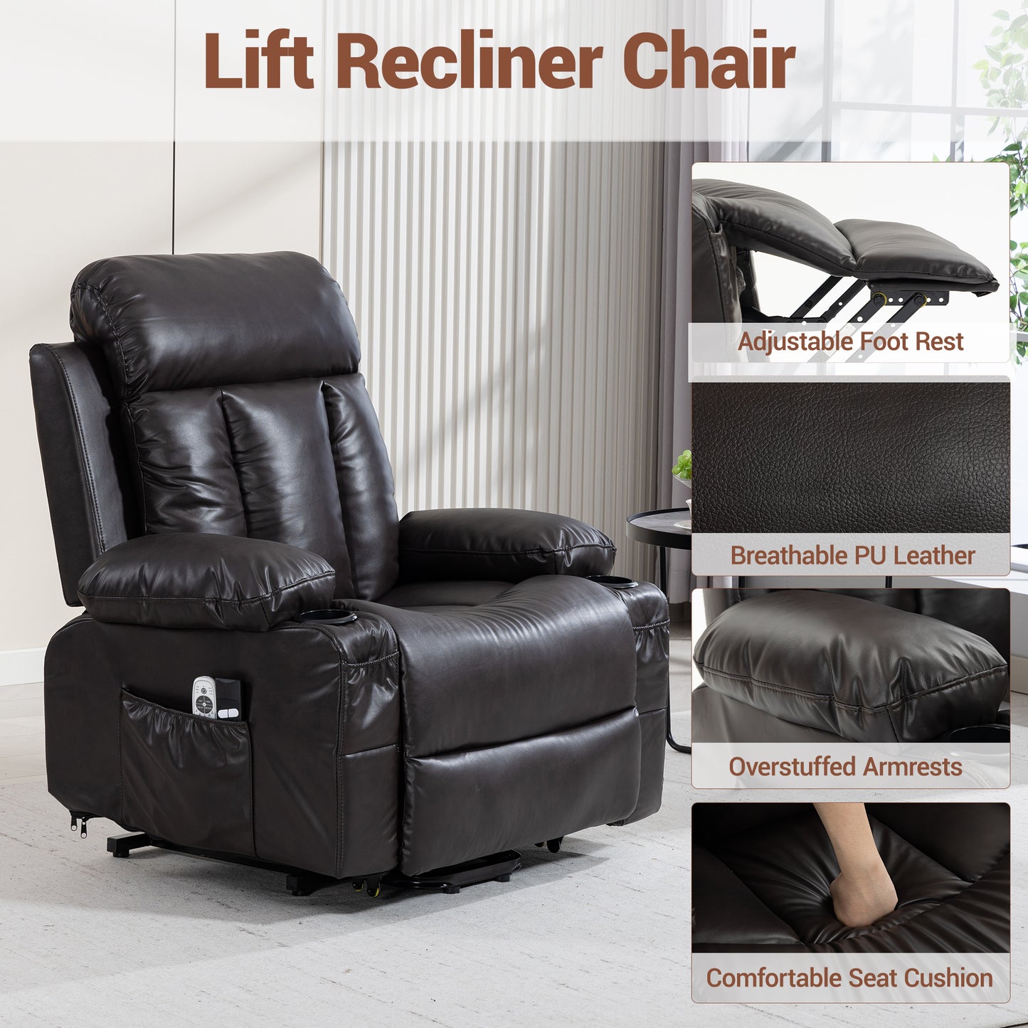 Delmango Faux Leather Recliner Chair with Push Back and Lumbar Support, Overstuffed Living Room Reclining Sofa, Brown