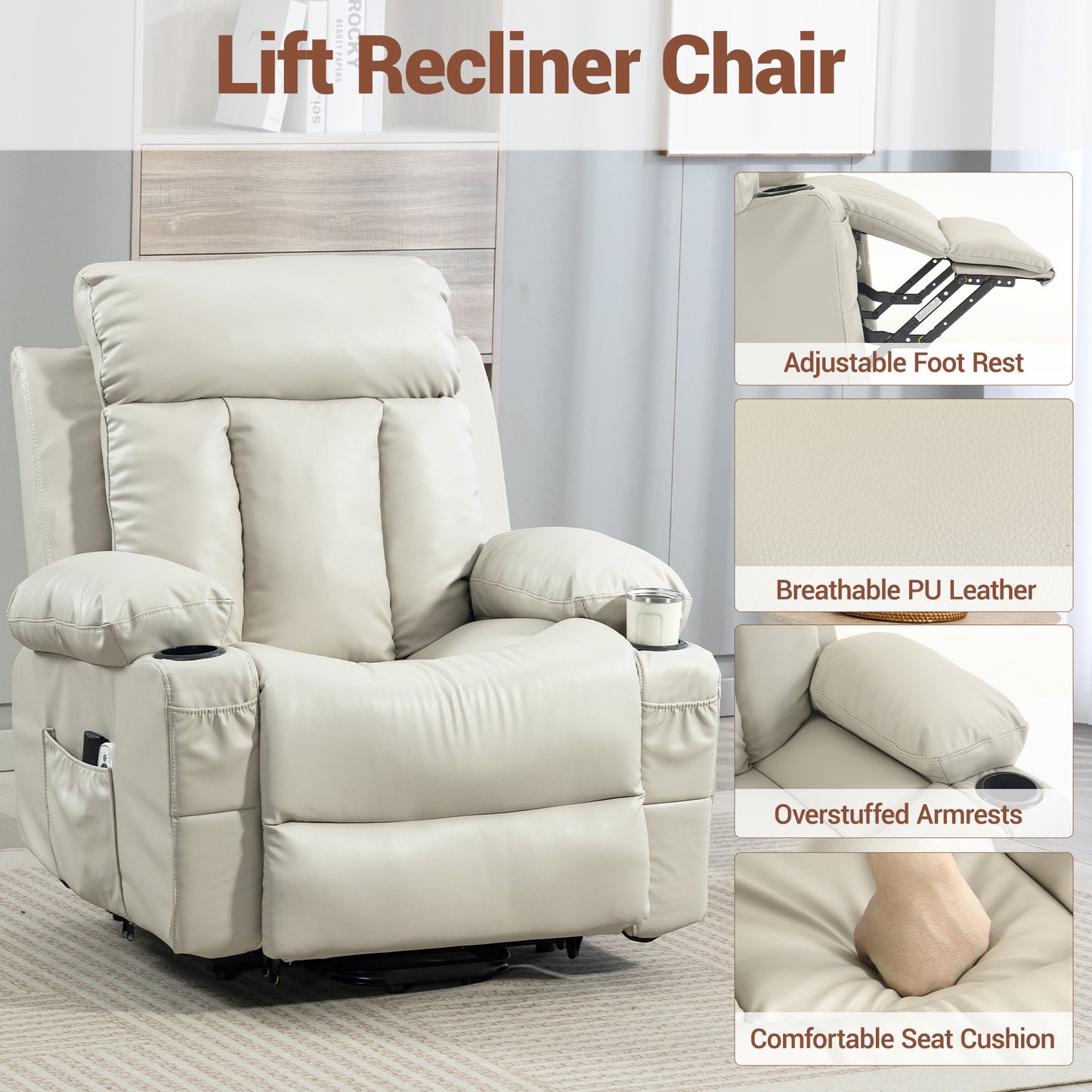 Delmango Faux Leather Recliner Chair with Push Back and Lumbar Support, Overstuffed Living Room Reclining Sofa, Beige