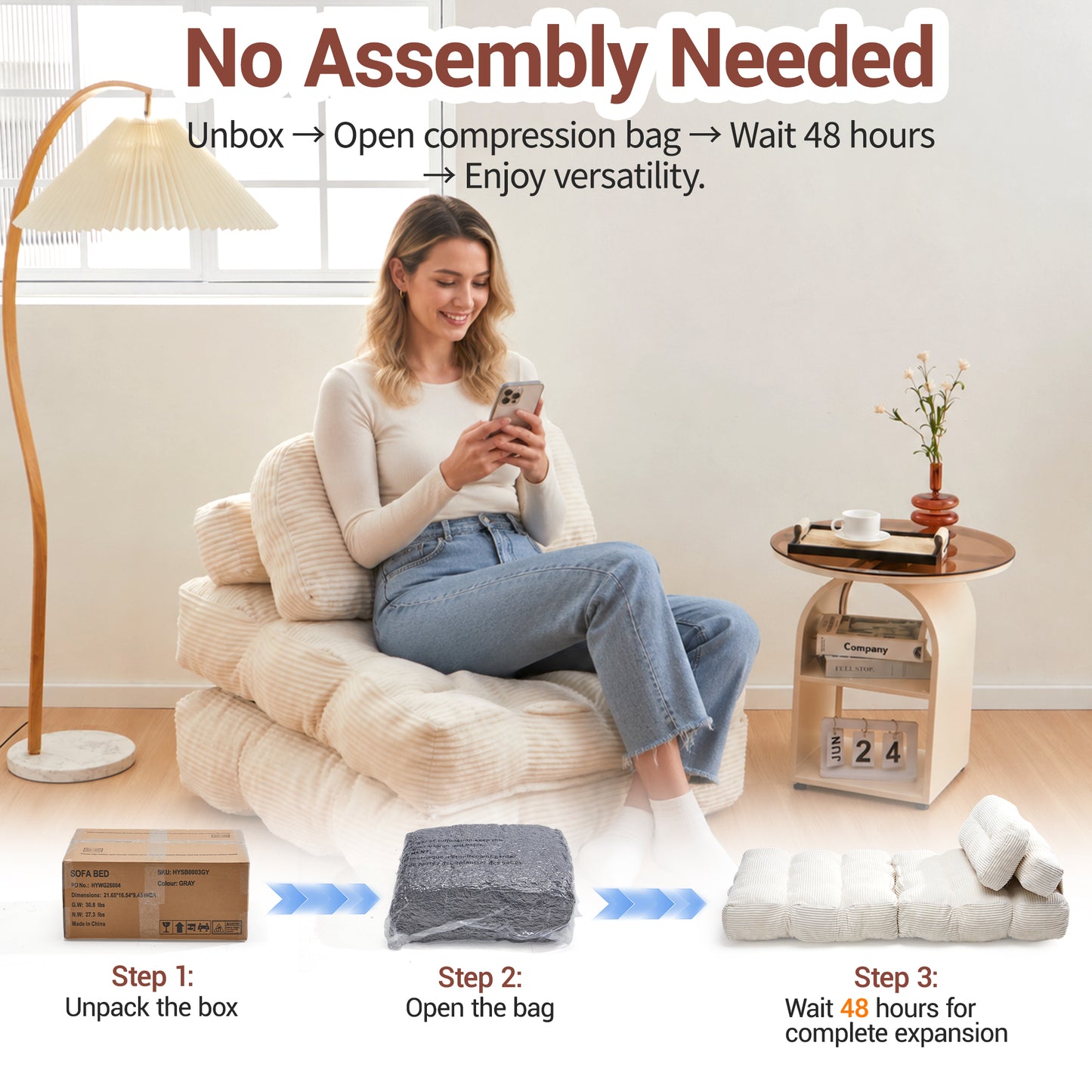 Delmango Folding Sofa Bed Convertible Futon Couch with Pillow for Adults and Kid Beige