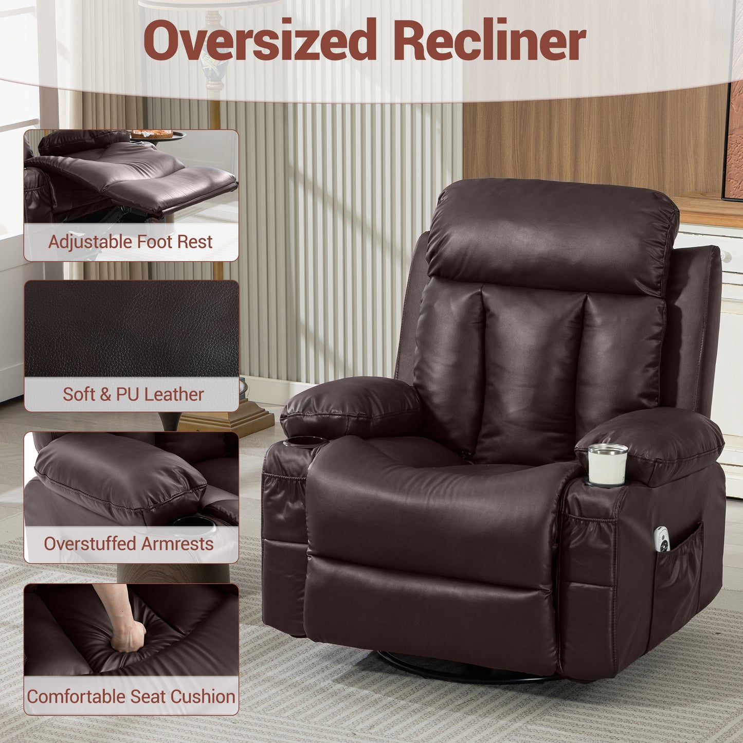 Delmango Power Recliner Chair for Audlts PU Leather Swivel Rocker Recliner Chair Massage Sofa Chair for Living Room Brown