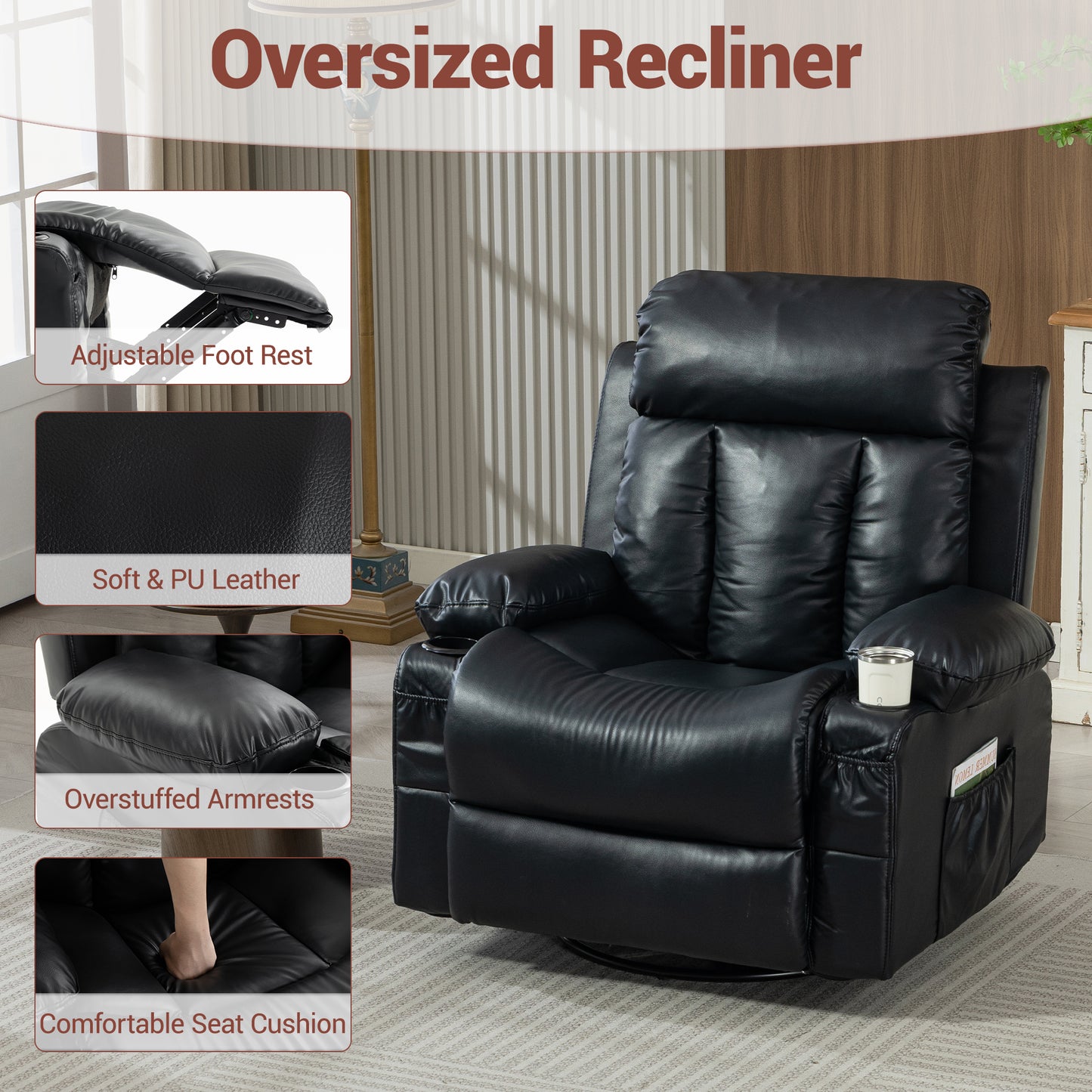 Delmango Power Recliner Chair for Living Room PU Leather Swivel Rocker Recliner Chair with Overstuffed Armrest and Backrest Black