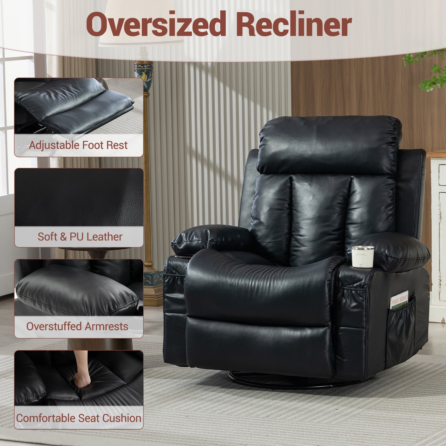 Delmango Power Recliner Chair for Audlts PU Leather Swivel Rocker Recliner Chair Massage Sofa Chair for Living Room Black